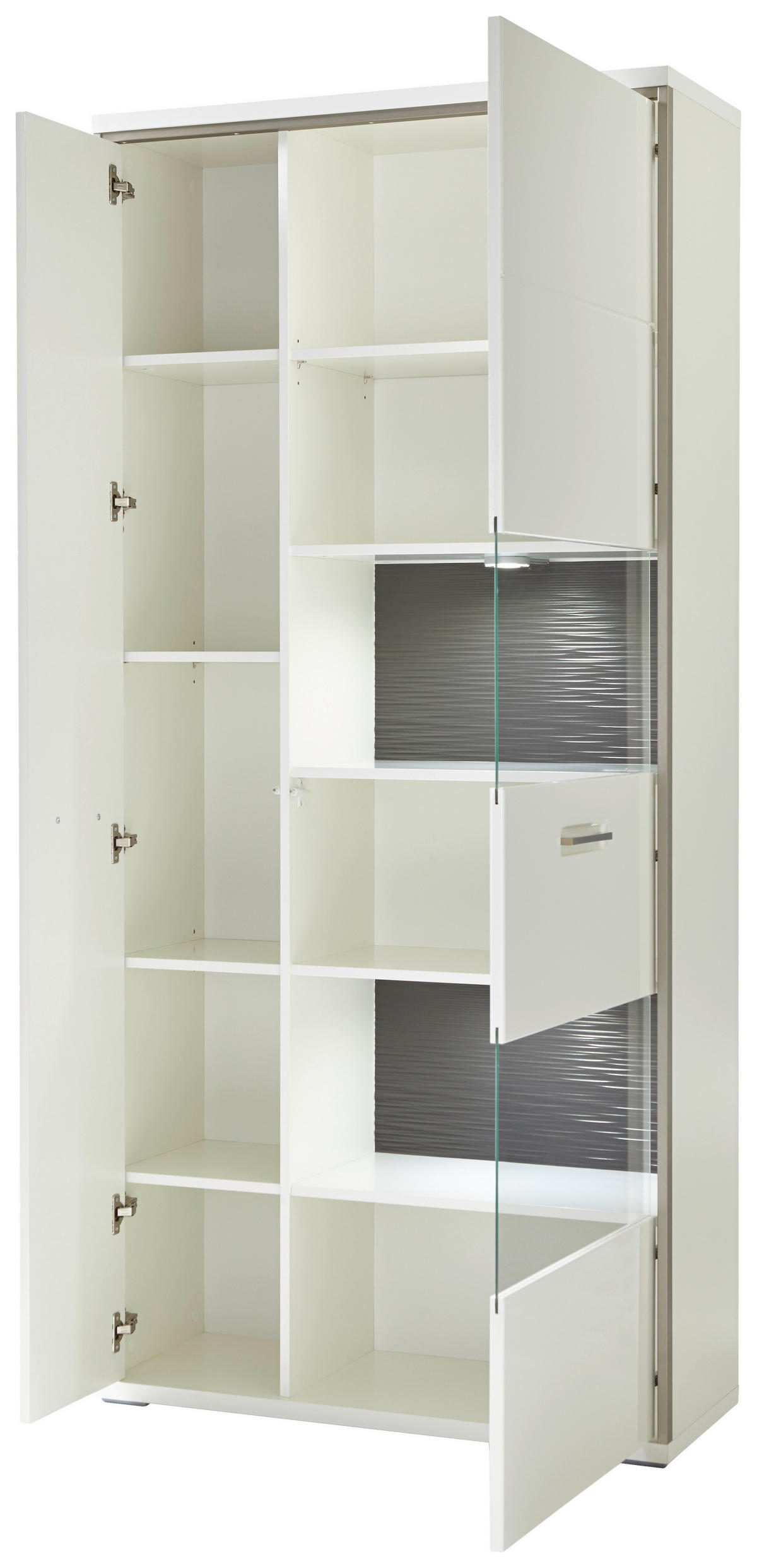 KOMBINACE VITRÍN, šedá, barvy stříbra, bílá, vysoce lesklá bílá, 94/201/38 cm - bílá/šedá, Design, kov/kompozitní dřevo (94/201/38cm) - Livetastic