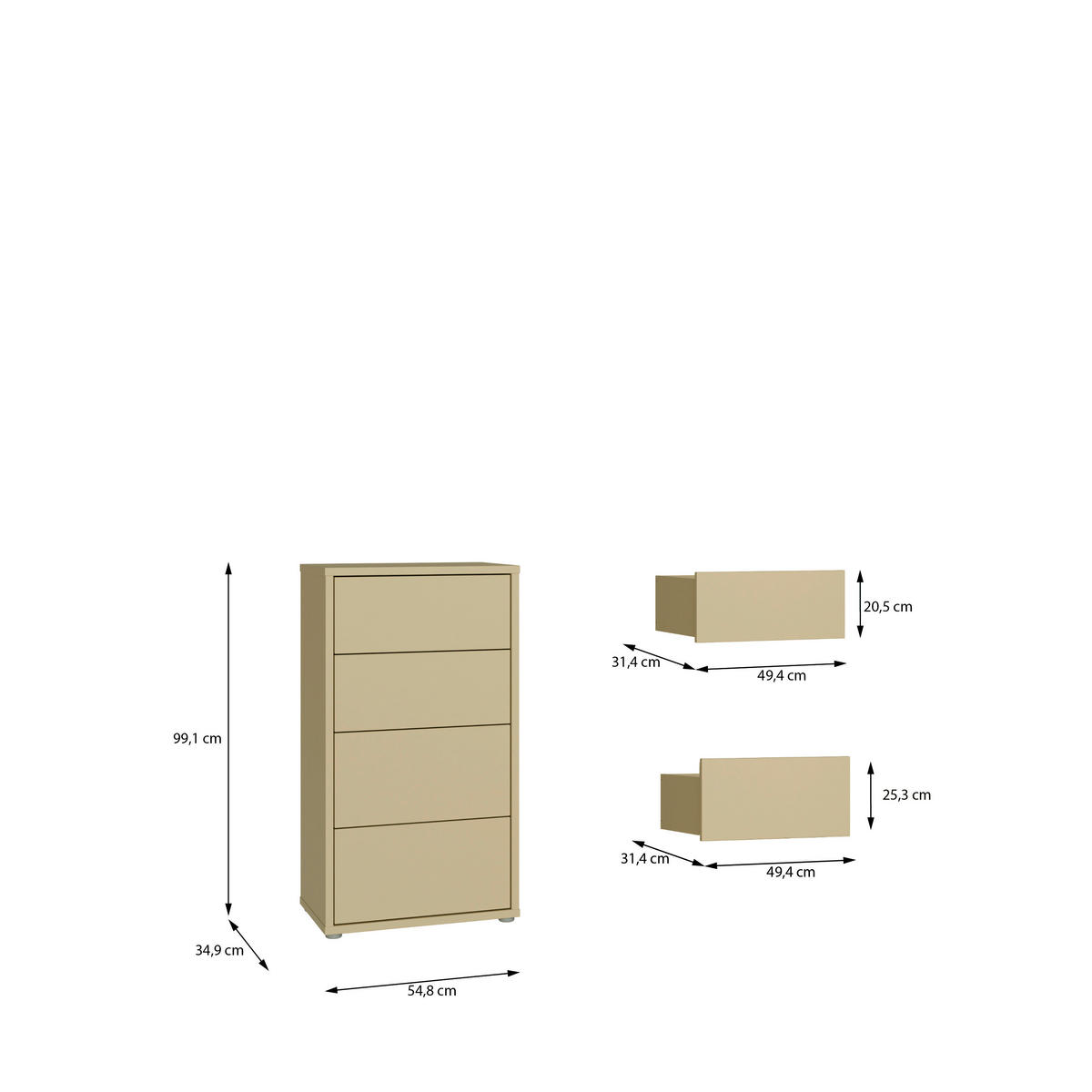 KOMMODE , 55/99/35 cm, 4 Schublade(n)  - Silberfarben/Hellgelb, Trend, Holzwerkstoff/Kunststoff (55/99/35cm) - Carryhome