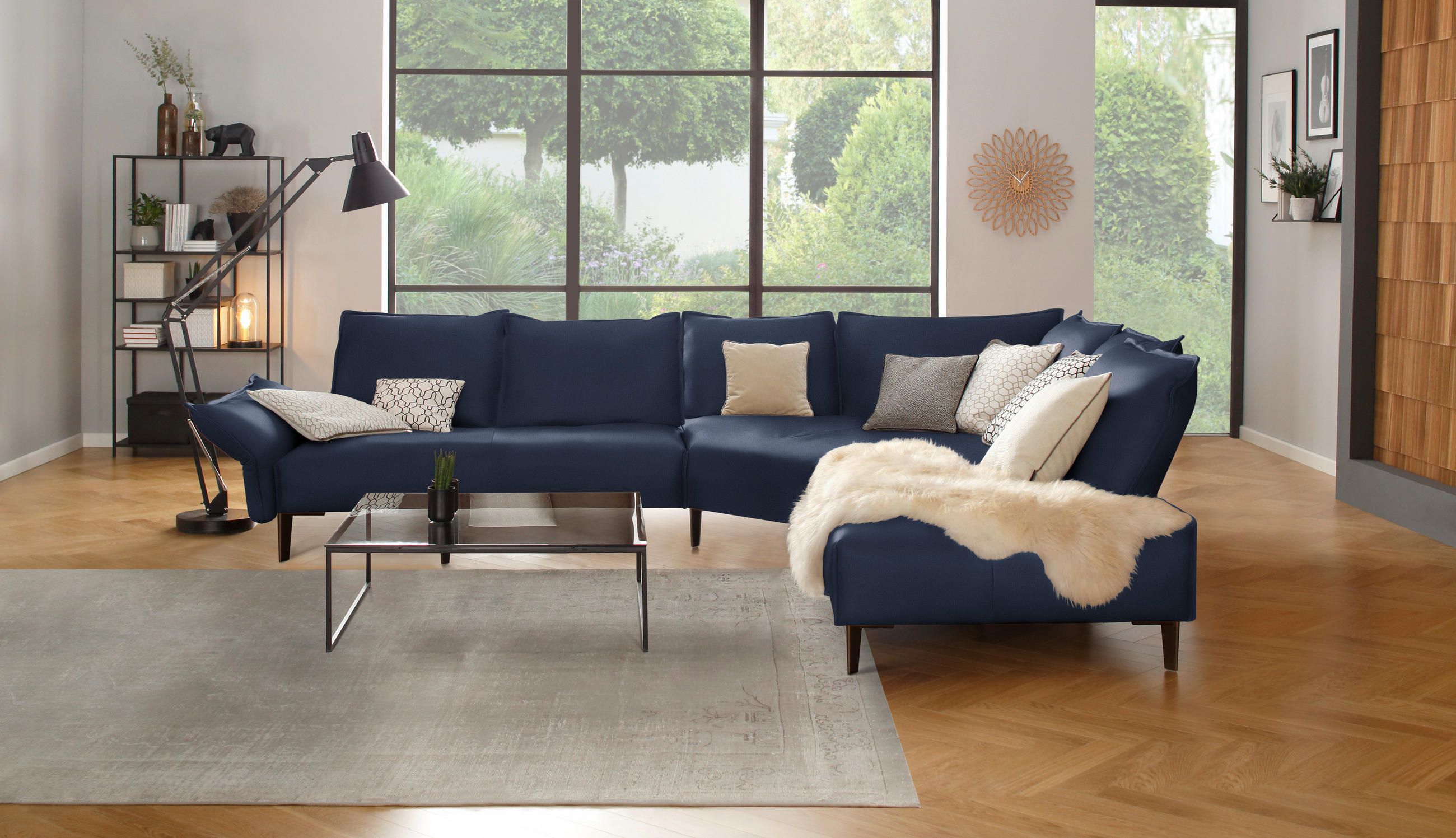 ECKSOFA in Echtleder Blau  - Blau/Schwarz, Design, Leder/Metall (340/272cm) - W.Schillig