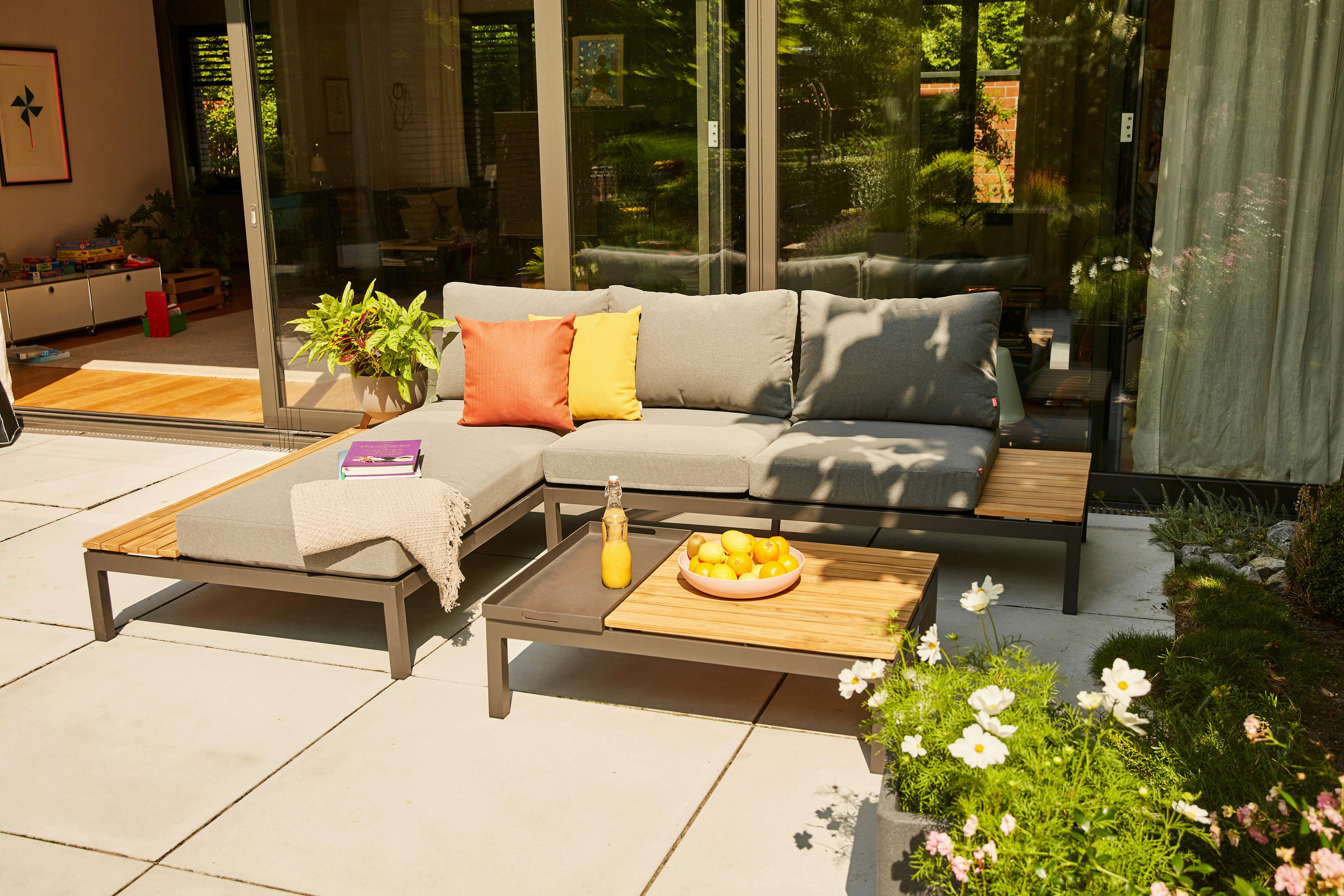 LOUNGEGARNITUR Teakholz massiv Aluminium, Edelstahl  - Anthrazit/Grau, KONVENTIONELL, Holz/Textil (172/84/102cm) - Siena Garden