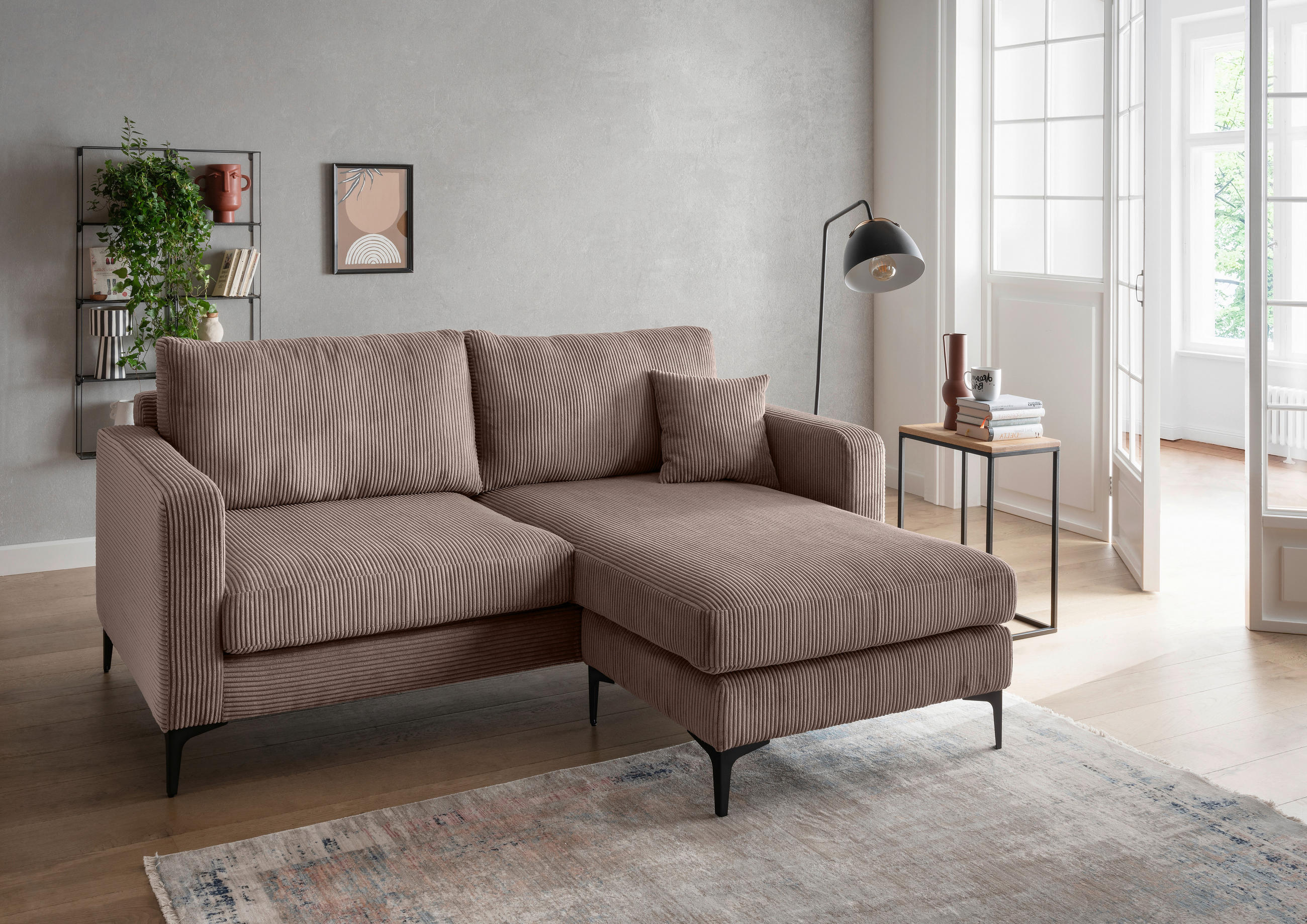 ECKSOFA in Cord Graubraun  - Graubraun/Schwarz, Basics, Textil/Metall (204/153cm) - Livetastic
