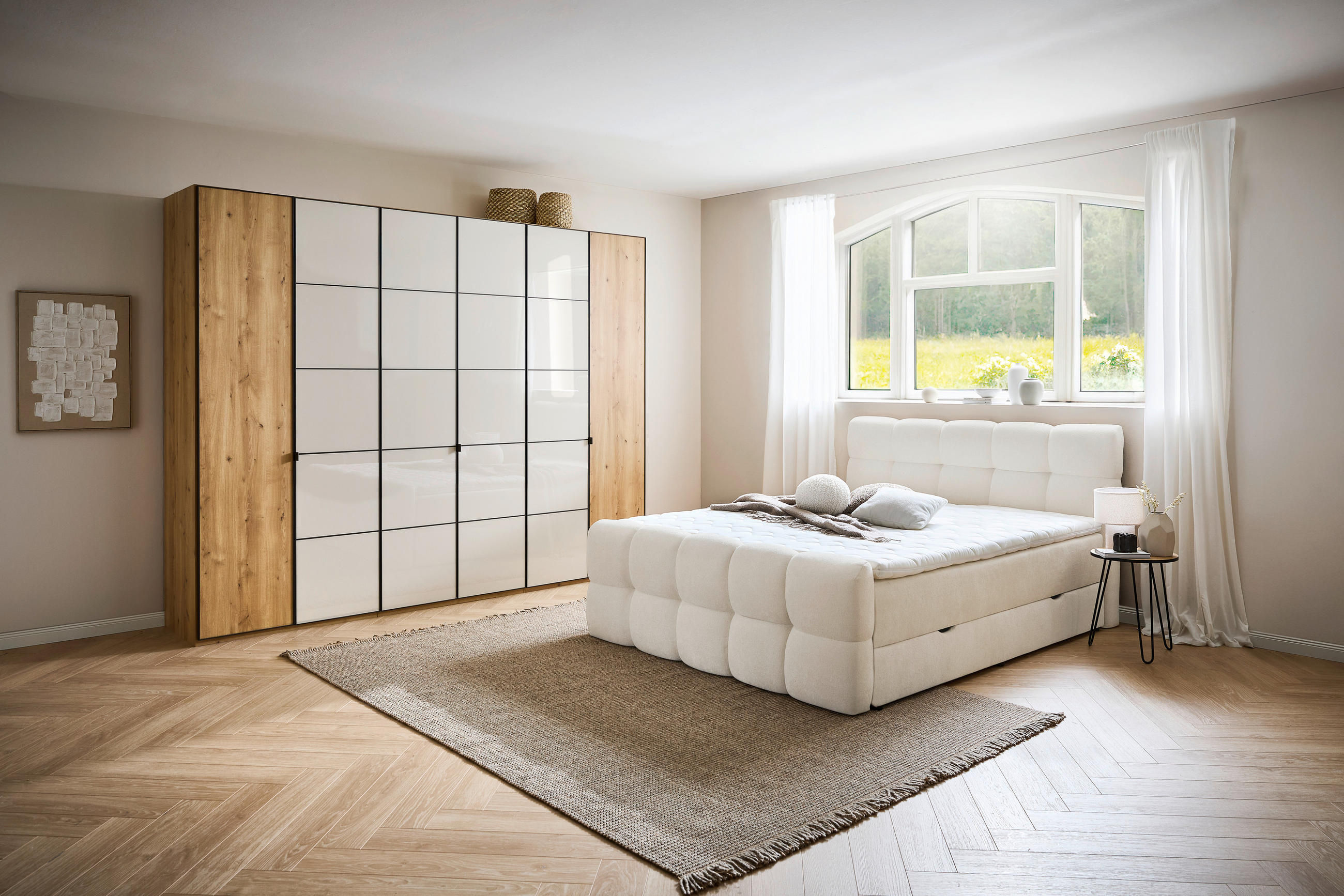 Thumbnail - Moderano Boxbett, Ecru, Textil, Tanne, Hartholz, H3, 5-Zonen, Höhe ca. 24 cm, 180x200 cm, gepolstertes Kopfteil, Topper ...