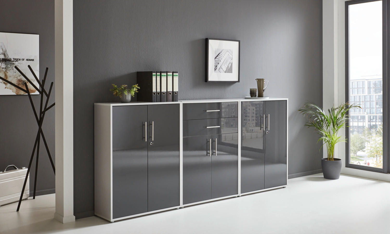AKTENSCHRANK Grau, Anthrazit Hochglanz  - Anthrazit Hochglanz/Grau, MODERN, Holzwerkstoff (253,2/113,6/33cm) - MID.YOU