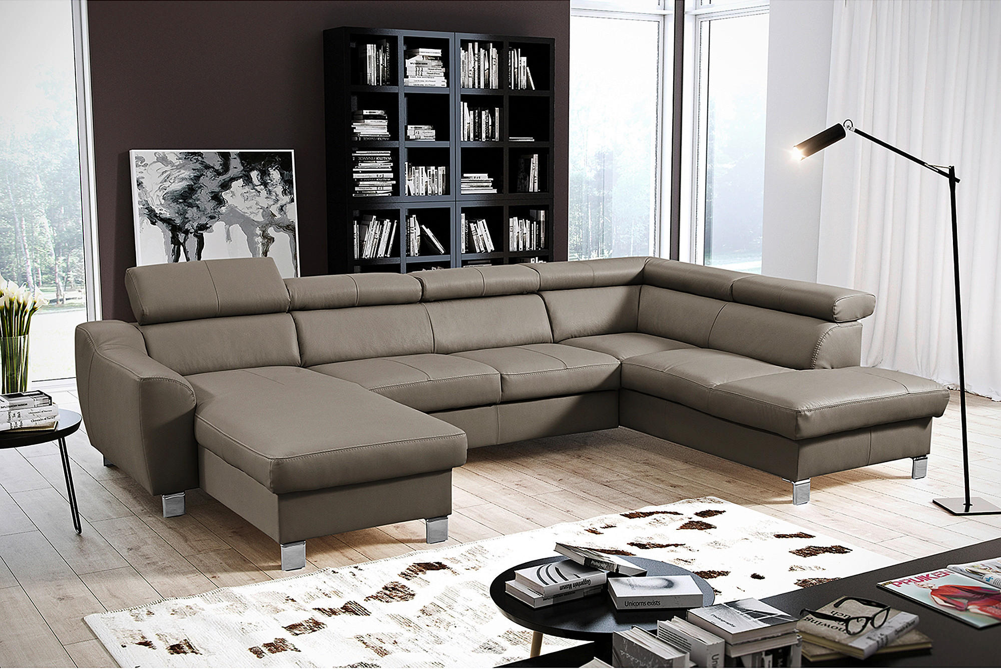 WOHNLANDSCHAFT in Lederlook Echtleder Taupe  - Taupe/Chromfarben, Design, Leder/Textil (175/315/208cm) - Livetastic