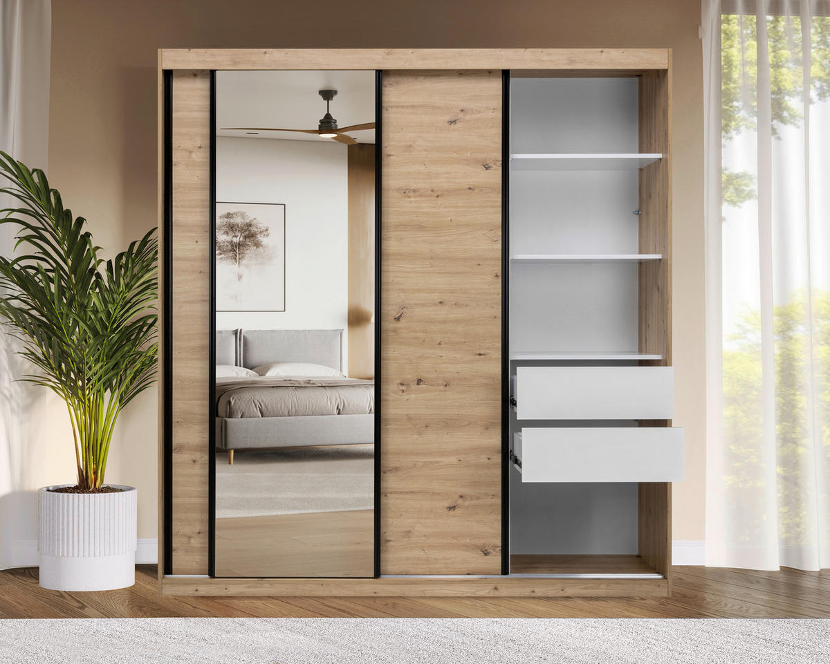 SCHIEBETÜRENSCHRANK 200/215/59,5 cm 3-türig Eiche Artisan  - Schwarz/Eiche Artisan, MODERN, Holzwerkstoff/Metall (200/215/59,5cm) - MID.YOU