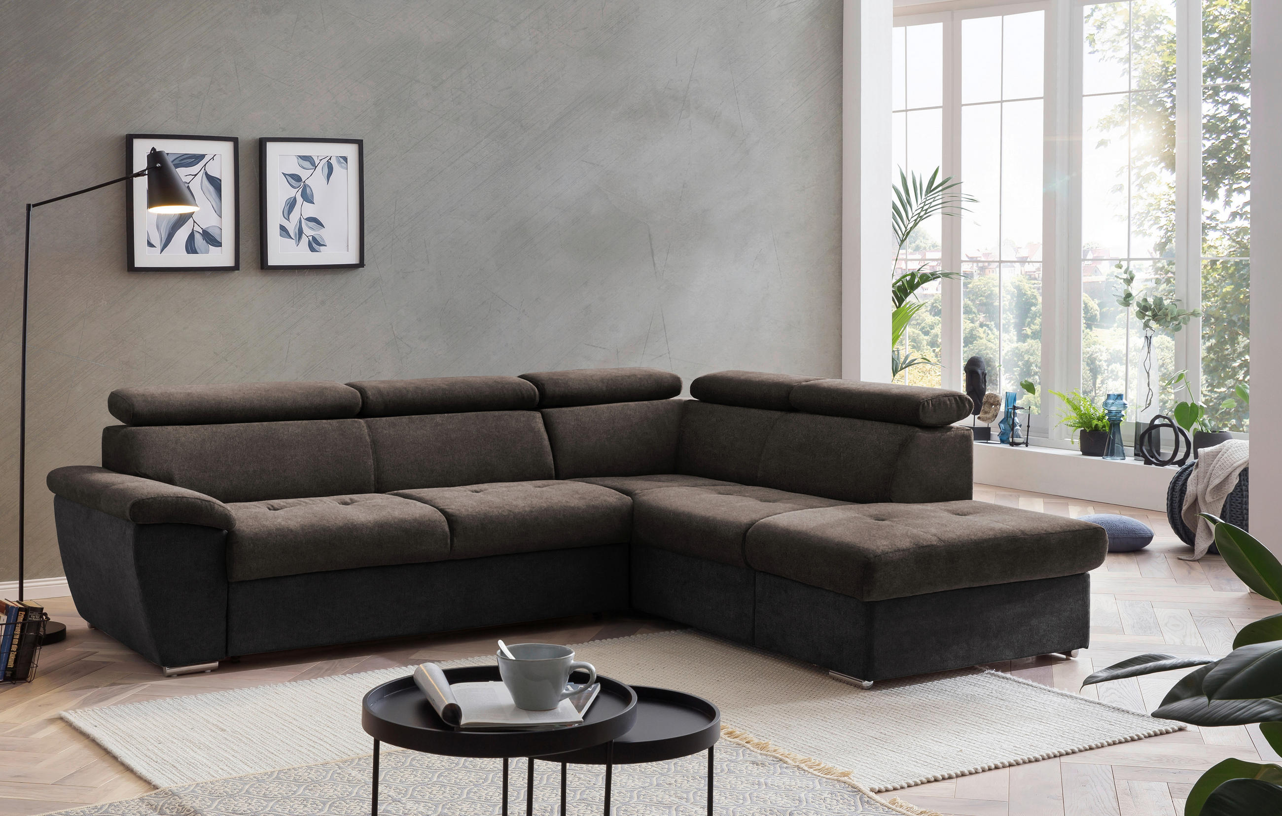 ECKSOFA in Mikrofaser Schwarz, Dunkelbraun  - Chromfarben/Dunkelbraun, Design, Textil/Metall (262/216cm) - Livetastic