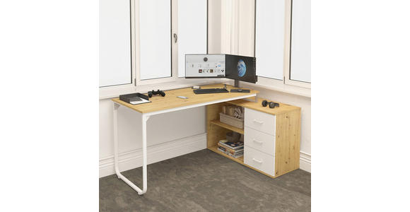 ECKSCHREIBTISCH 156/100/75 cm Silberfarben, Weiß, Eiche Artisan  - Silberfarben/Weiß, Design, Holzwerkstoff/Metall (156/100/75cm) - Carryhome