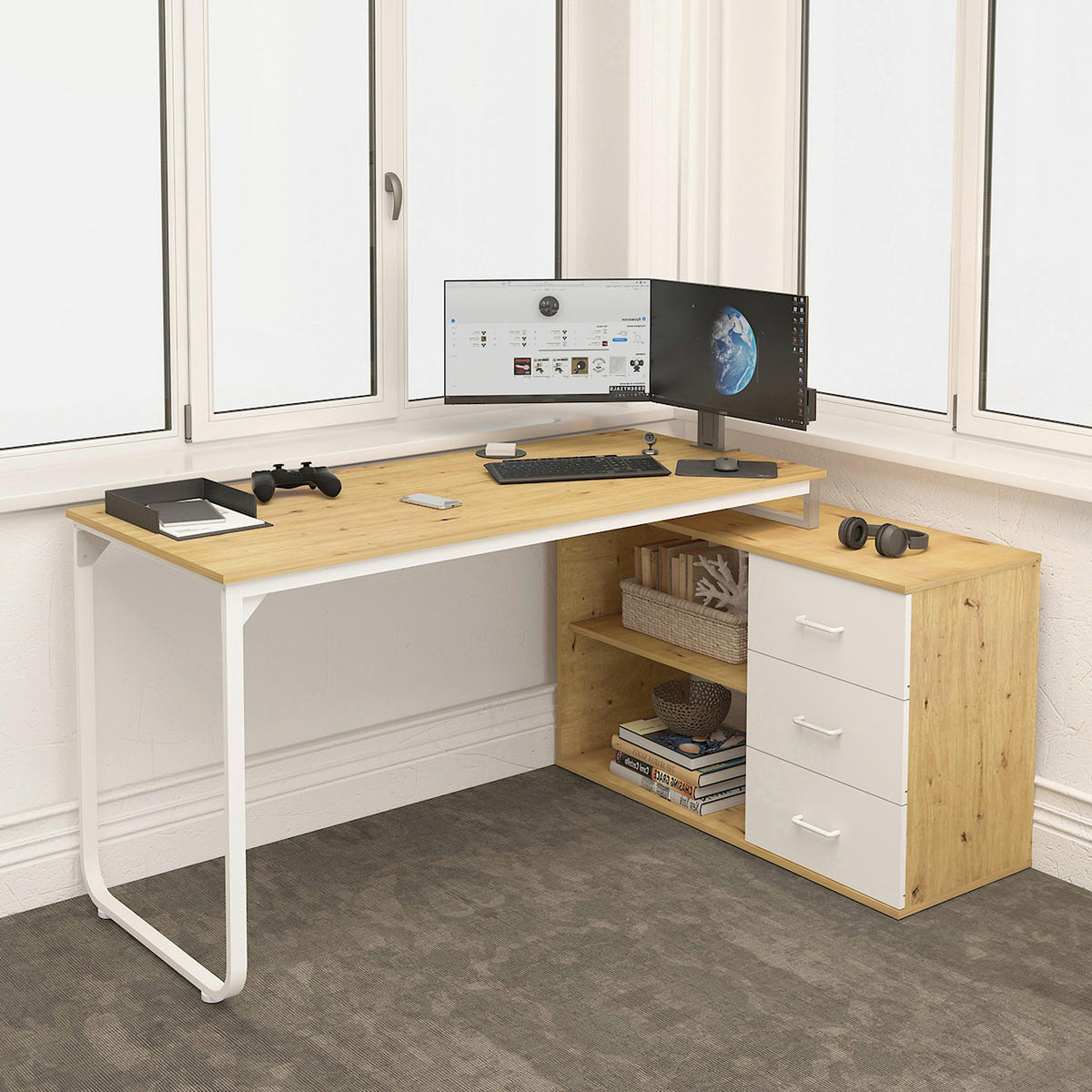 ECKSCHREIBTISCH 156/100/75 cm  in Silberfarben, Weiß, Eiche Artisan  - Silberfarben/Weiß, Design, Holzwerkstoff/Metall (156/100/75cm) - Carryhome