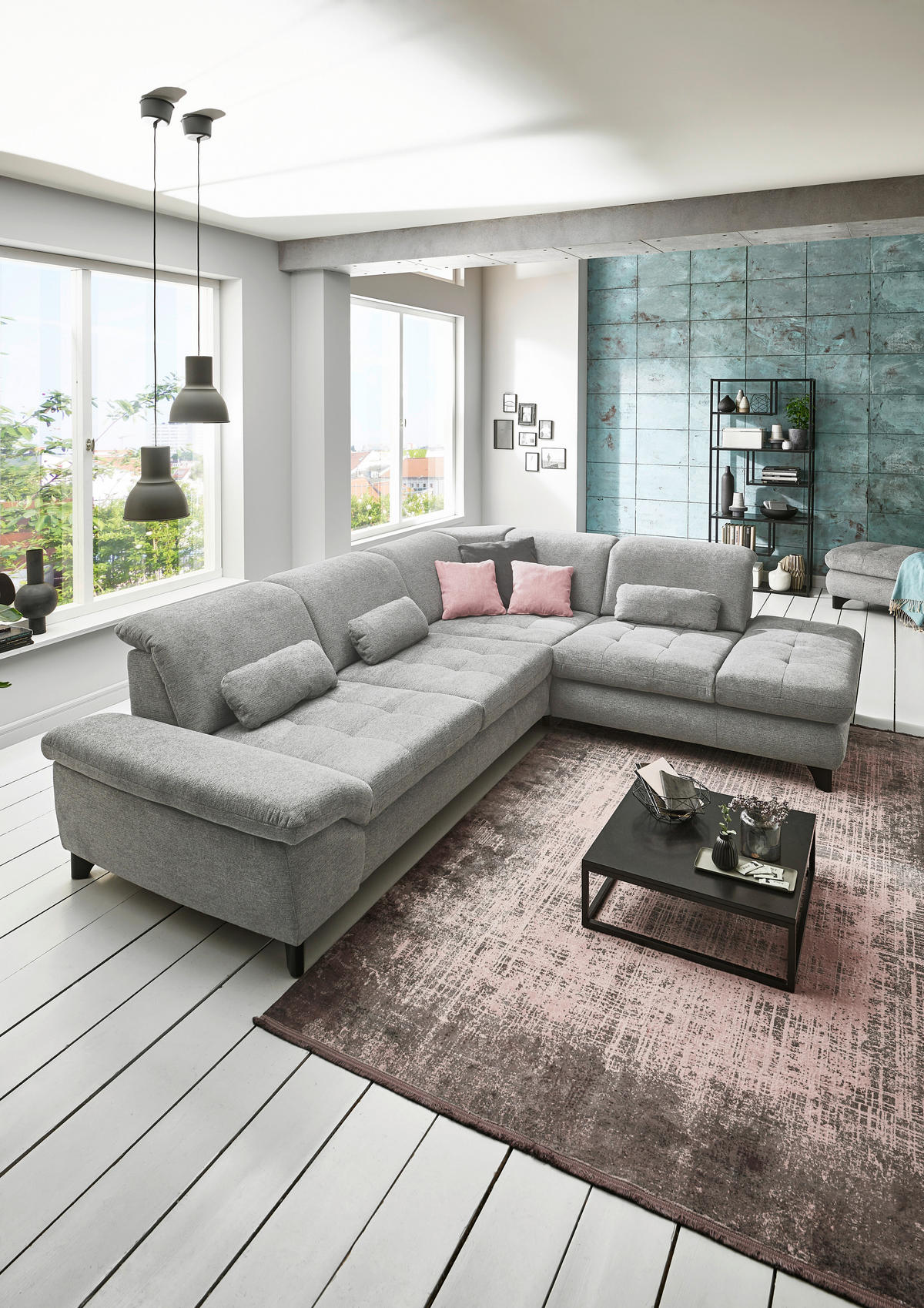 ECKSOFA in Webstoff Grau  - Chromfarben/Grau, Design, Textil/Metall (260/319cm) - Beldomo Style