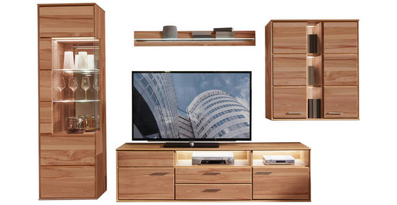 WOHNWAND Kernbuche furniert, massiv Buchefarben - Buchefarben/Silberfarben, KONVENTIONELL, Glas/Holz (328/204/40-48cm) - Voleo