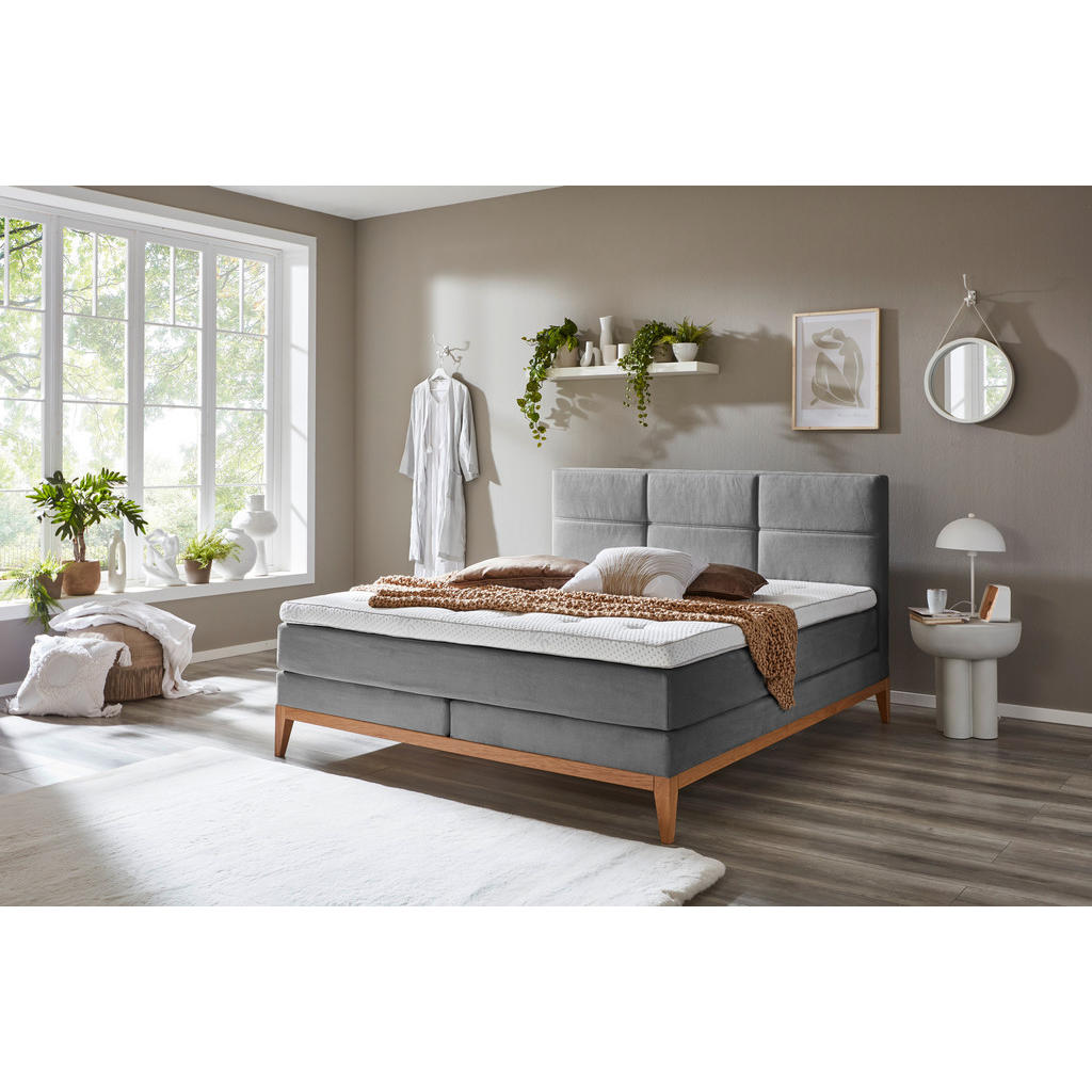 Thumbnail - Boxxx Boxspringbett, Grau, Textil, Eiche, massiv, H2, 7-Zonen, Höhe ca. 18 cm, 180x200 cm, gepolstertes Kopfteil, Partne...
