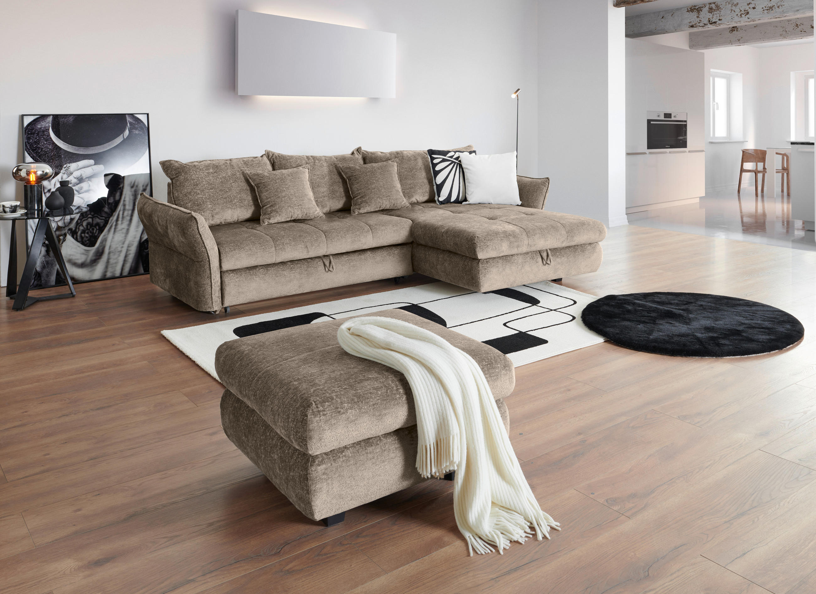 ECKSOFA in Chenille Beige  - Beige/Schwarz, KONVENTIONELL, Kunststoff/Textil (275/180cm) - Stylife