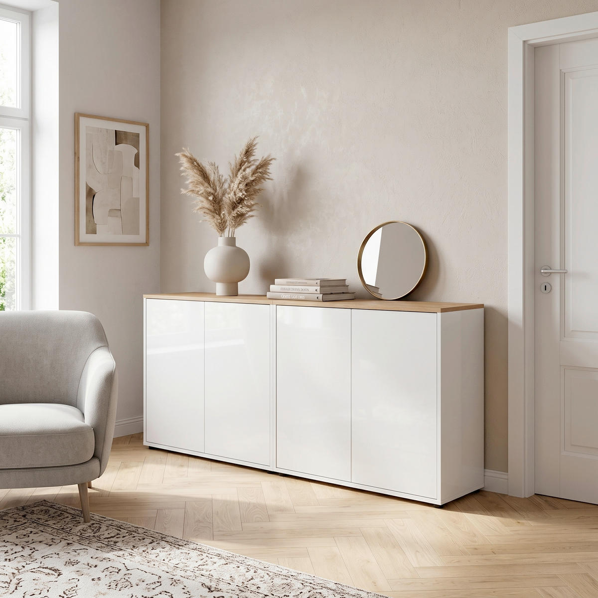SIDEBOARD Mailand Set 2 158/73/33 cm  - Weiß Hochglanz/Schwarz, MODERN, Holzwerkstoff/Kunststoff (158/73/33cm) - MID.YOU
