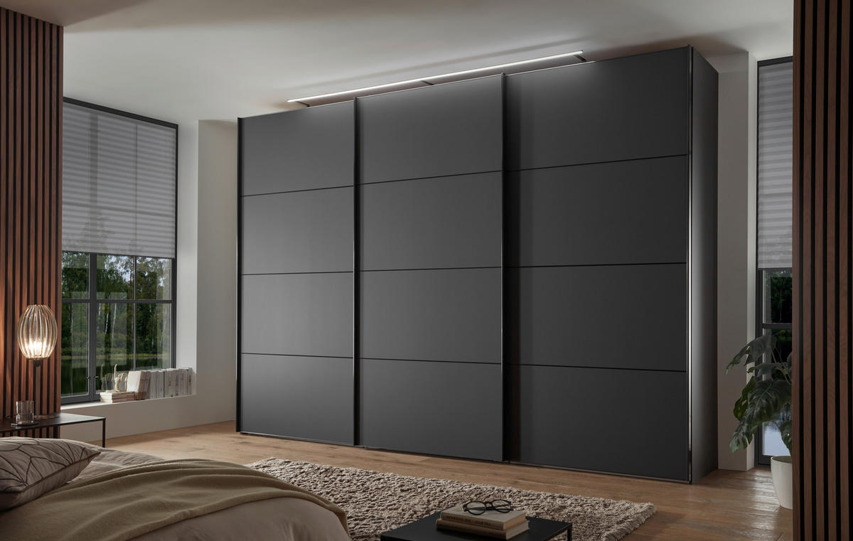 SCHWEBETÜRENSCHRANK 336/240/68 cm 3-türig Anthrazit, Schwarz, Eichefarben  - Eichefarben/Anthrazit, Design, Glas/Holz (336/240/68cm) - Dieter Knoll