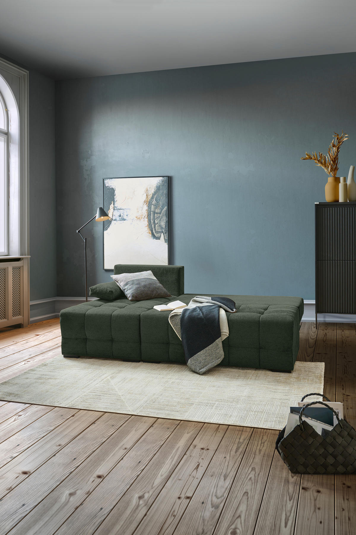 ECKSOFA  in Chenille Dunkelgrün  - Dunkelgrün/Schwarz, MODERN, Kunststoff/Textil (145/204cm) - home24