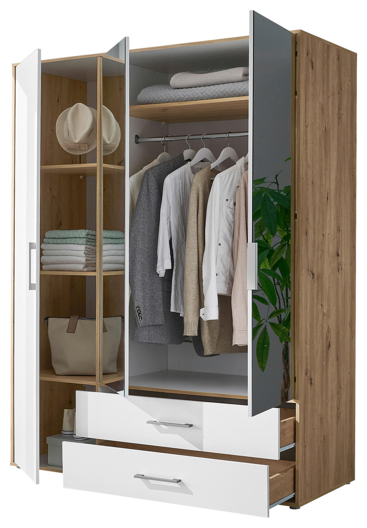 KLEIDERSCHRANK 155/195/60 cm 3-türig Weiß, Eiche Artisan  - Alufarben/Weiß, Basics, Glas/Holzwerkstoff (155/195/60cm)