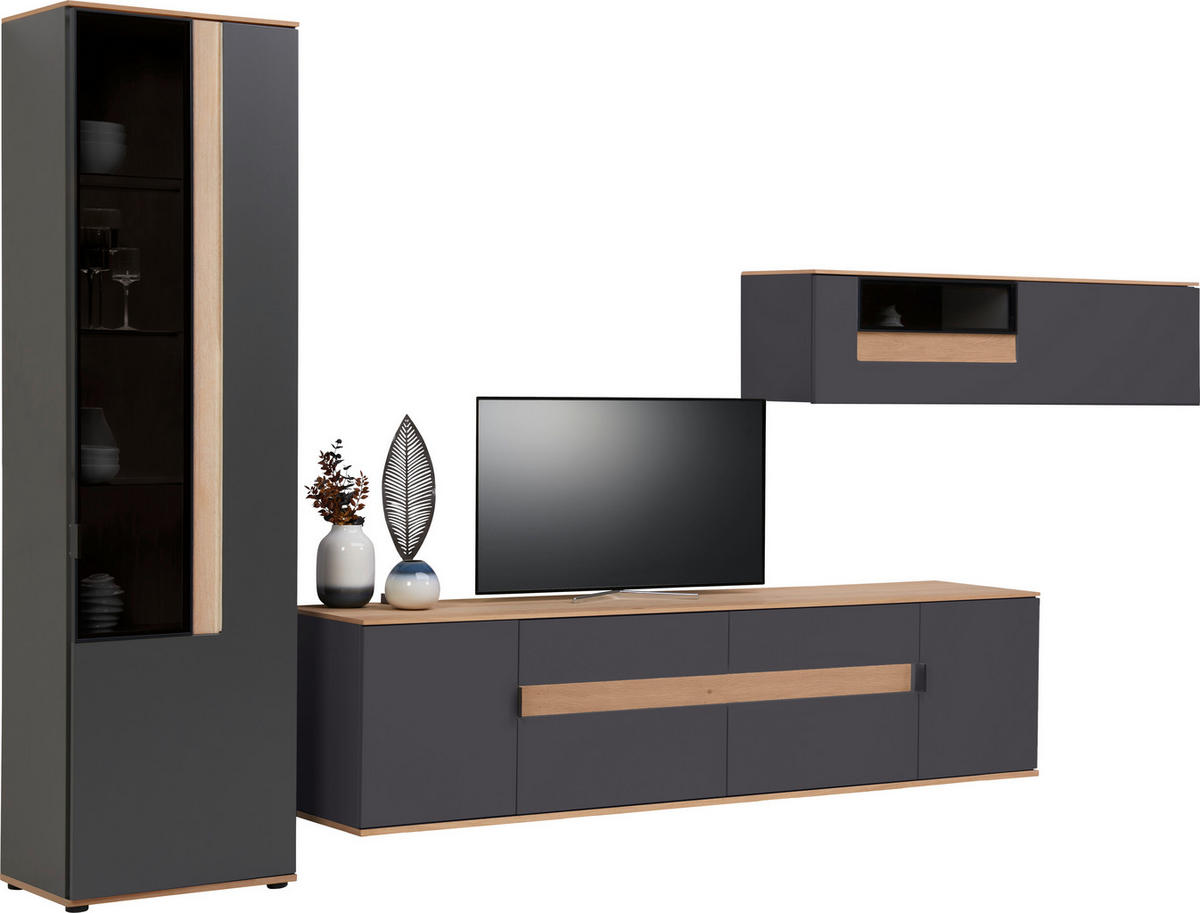 WOHNWAND  in Anthrazit, Eichefarben  370/214,6/48 cm    - Eichefarben/Anthrazit, Design, Glas/Holz (370/214,6/48cm) - Dieter Knoll