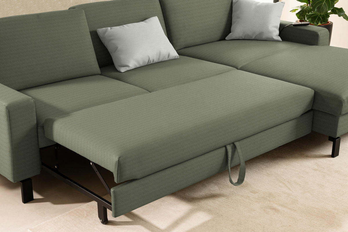 ECKSOFA Cord Olivgrün  - Schwarz/Olivgrün, Design, Textil/Metall (298/185cm) - Pure Home Lifestyle