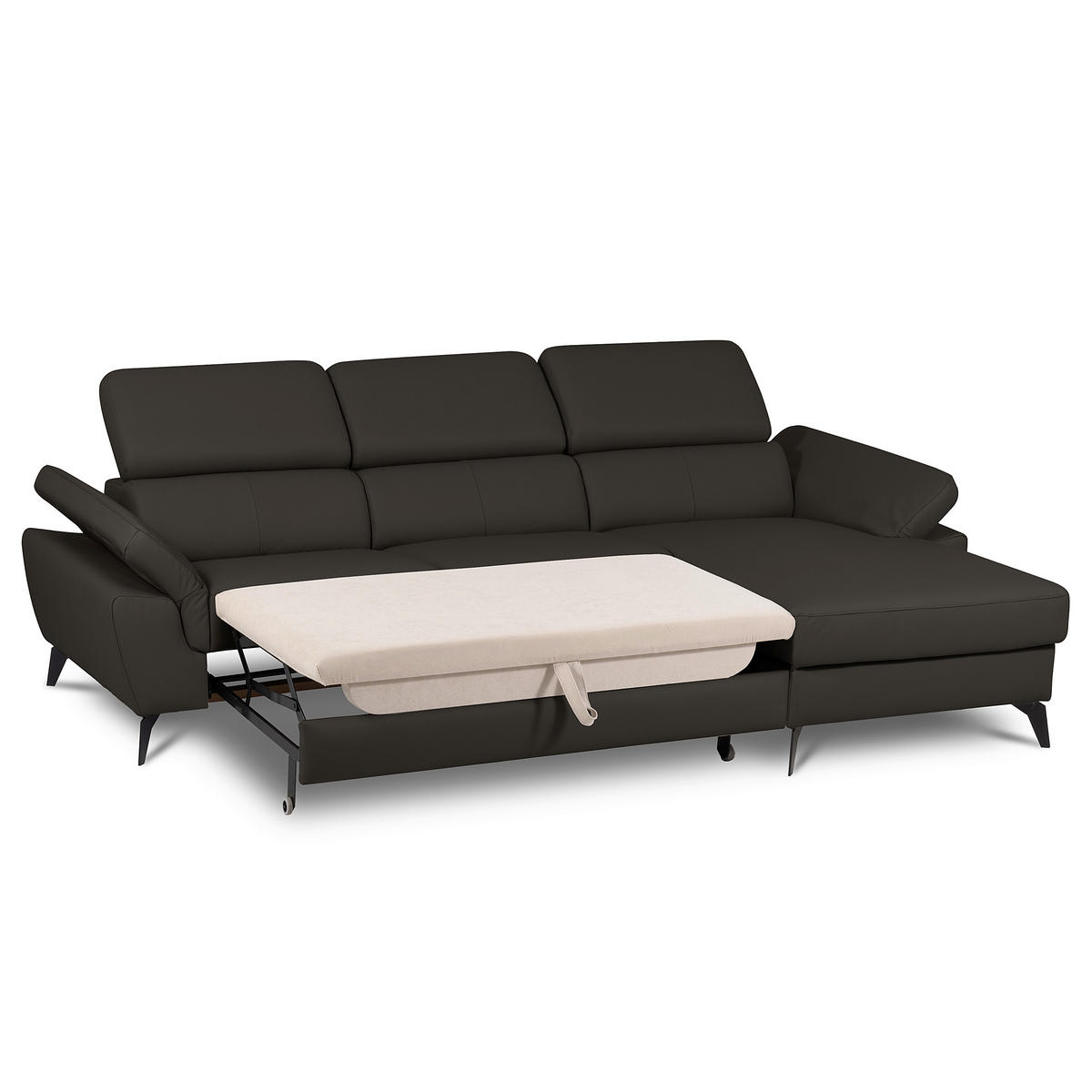 ECKSOFA Dunkelbraun Echtleder Lederlook Bettkasten, Schlaffunktion, Rücken echt, Armteilverstellung, Kopfteilverstellung  - Dunkelbraun/Schwarz, Design, Leder/Textil (252/179cm) - Livetastic