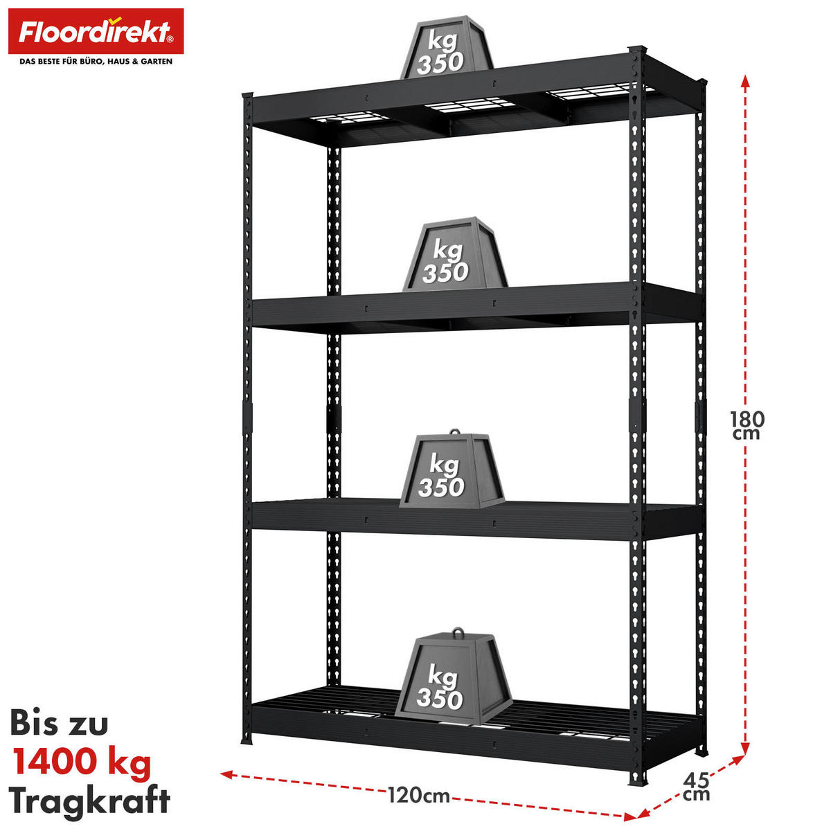 SCHWERLASTREGAL 120/180/45 cm  - Schwarz, Basics, Metall (120/180/45cm) - Floordirekt