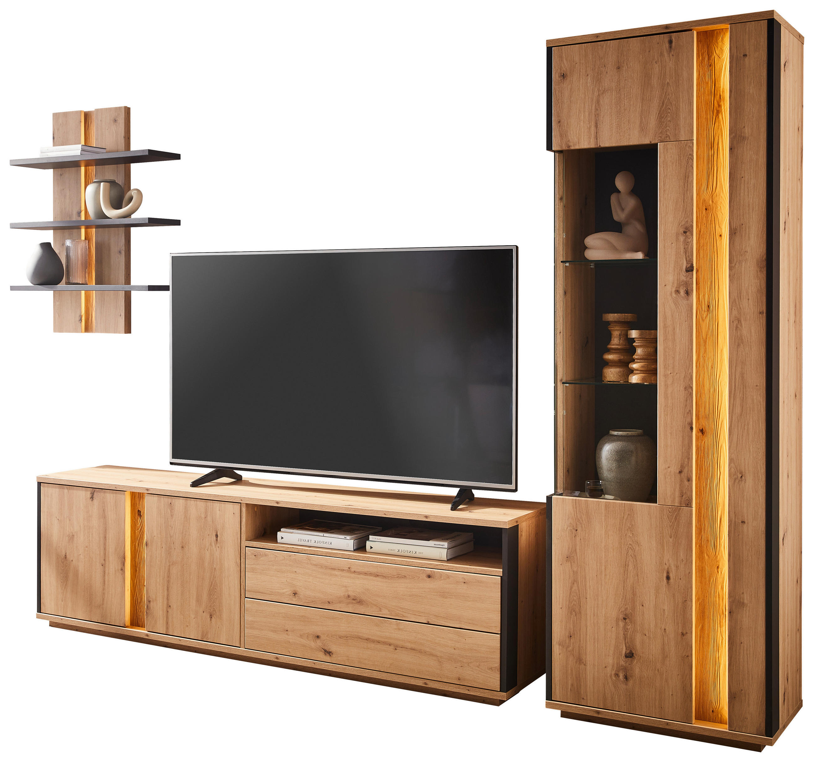 WOHNWAND  in Grau, Eichefarben  252/200/41 cm  - Eichefarben/Grau, Design, Glas/Holzwerkstoff (252/200/41cm) - Cantus
