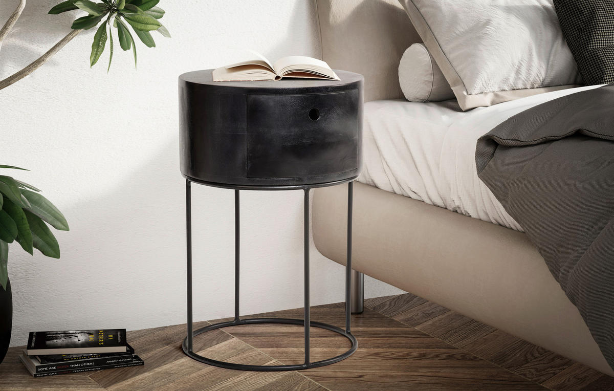 NACHTTISCH Mangoholz massiv  - Schwarz, Design, Holz/Metall (40/40/60cm) - Livetastic