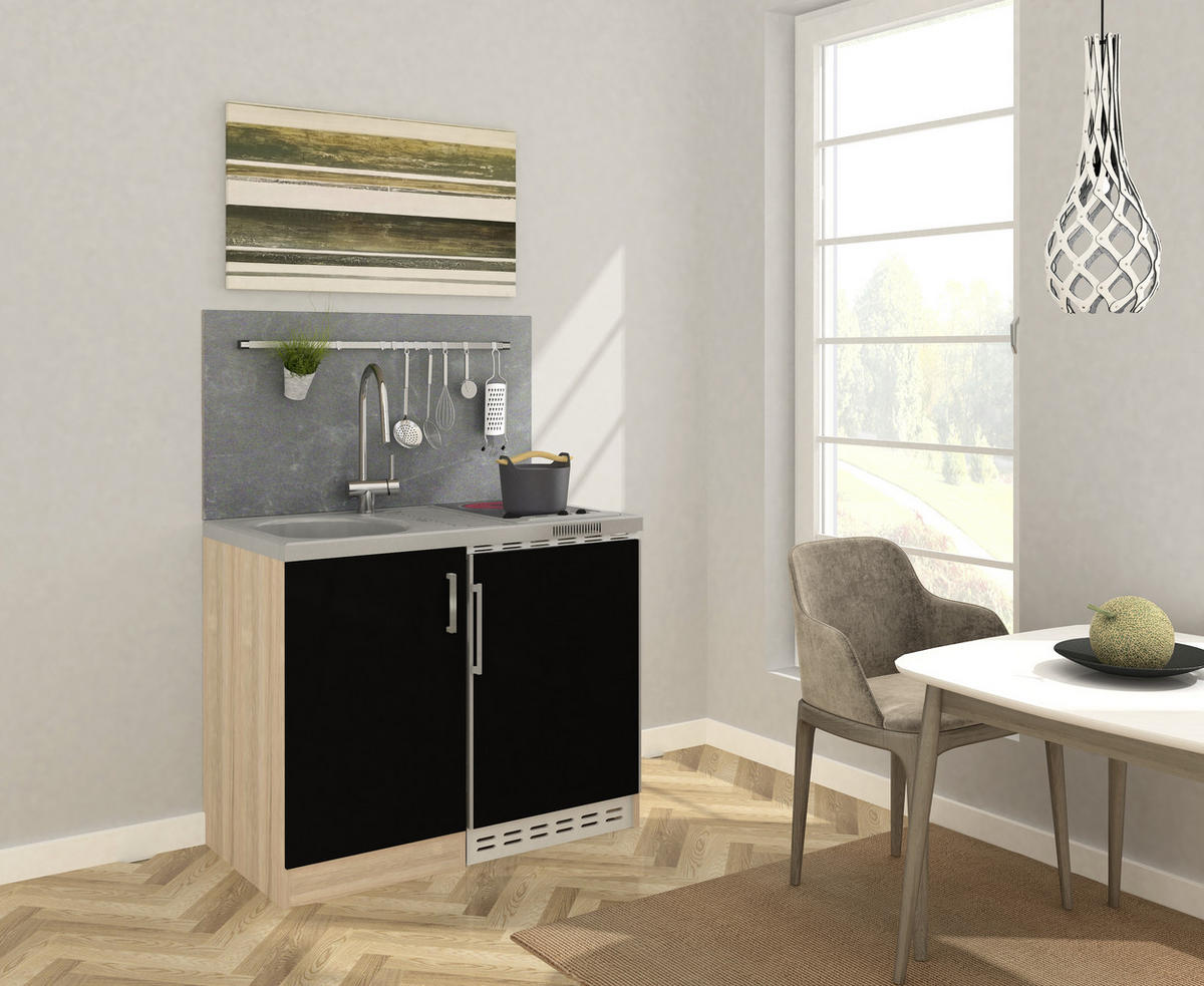 MINIKÜCHE 100 cm   in Schwarz, Sonoma Eiche  - Edelstahlfarben/Eichefarben, MODERN, Holzwerkstoff/Kunststoff (100cm) - Respekta