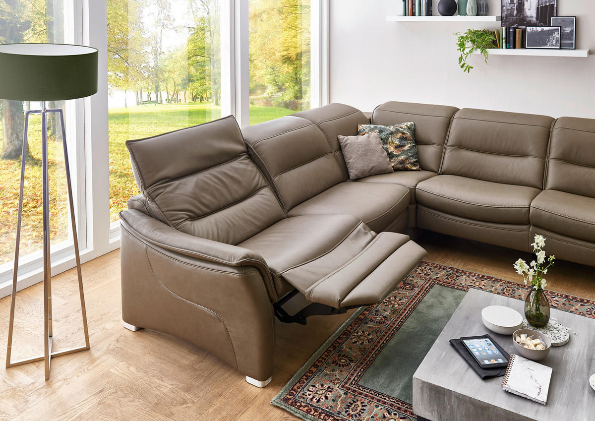 ECKSOFA in Echtleder Dunkelbraun  - Dunkelbraun/Alufarben, Design, Leder/Metall (277/277cm) - Valdera