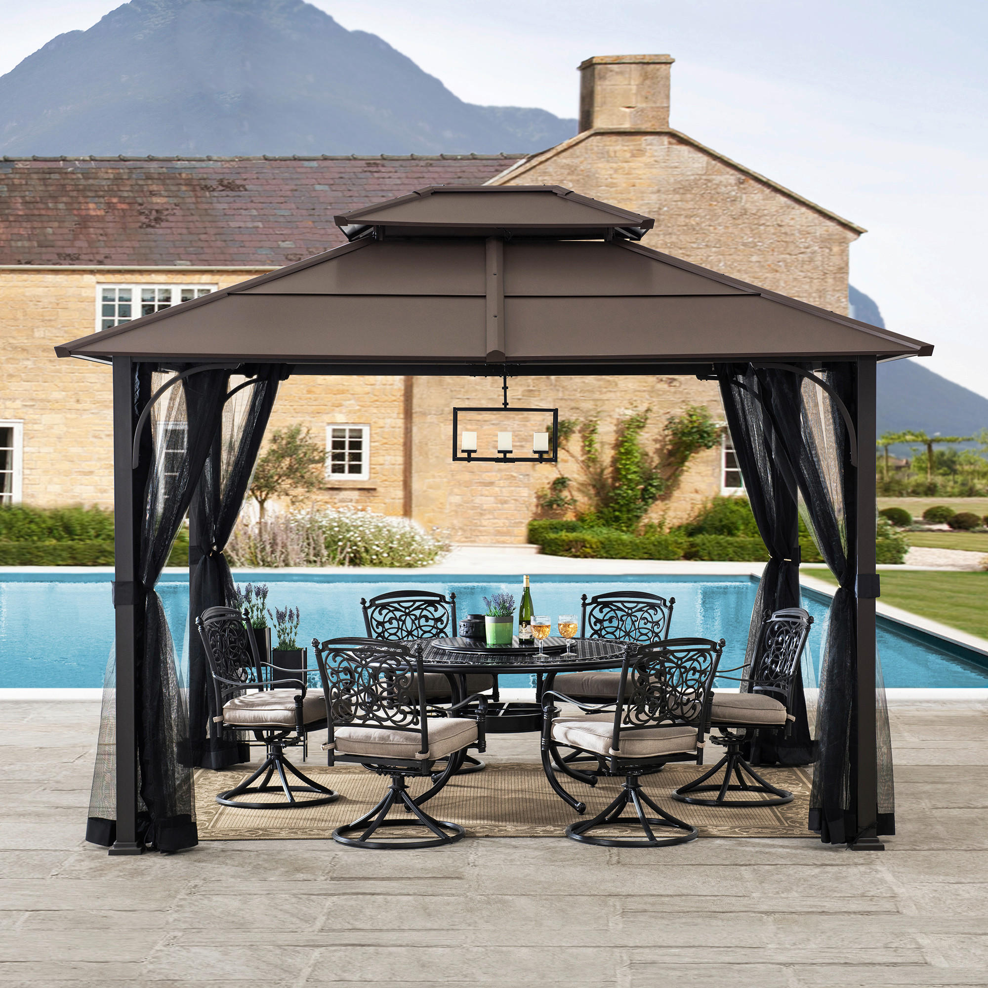Pavillon inkl. Moskitonetz 366/293/307 cm Stahl  - Dunkelbraun/Schwarz, Basics, Metall (366/293/307cm) - Modante