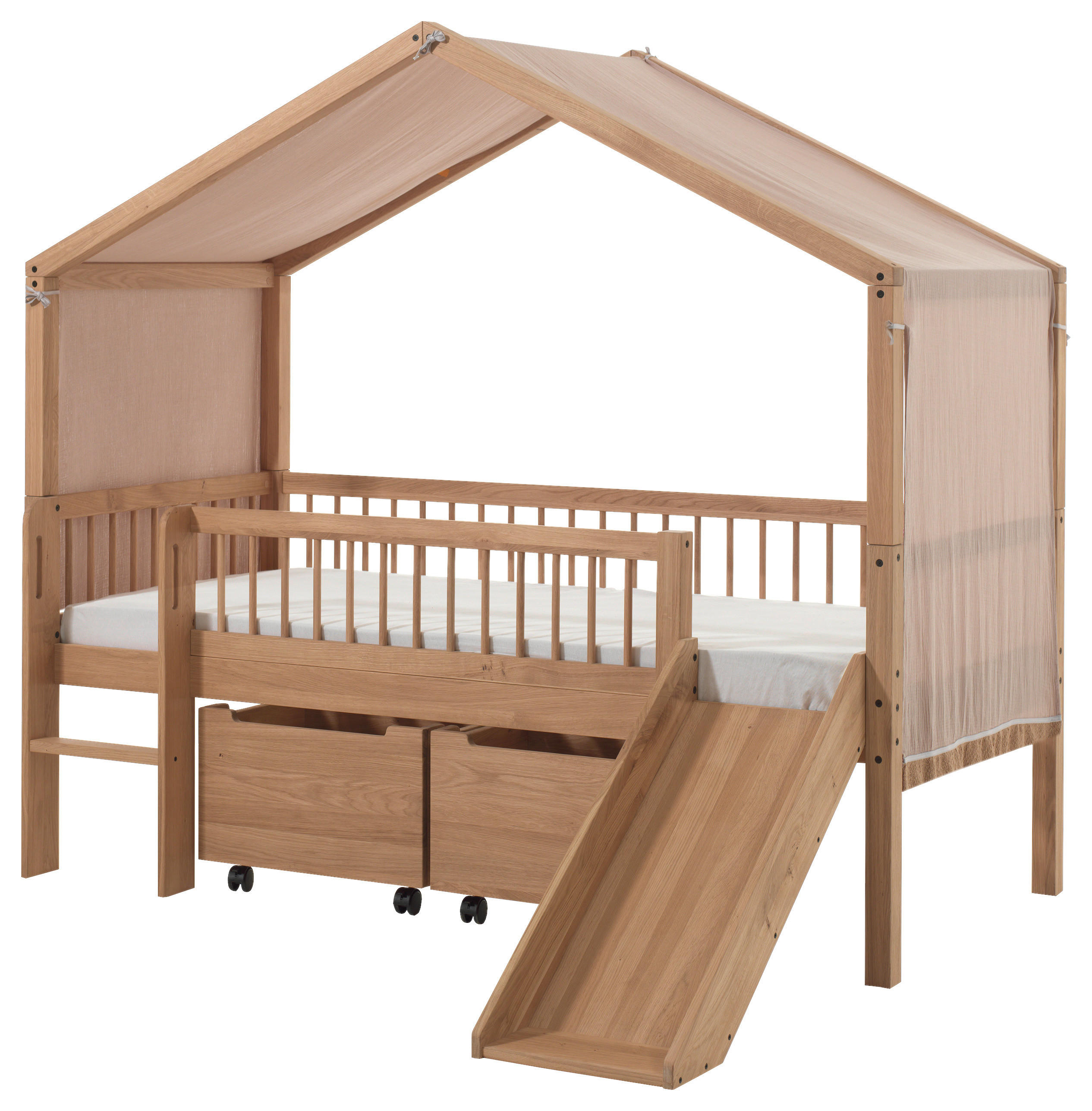 HAUSBETT Absturzsicherung, Leiter, Rutsche, Rollrost, Bettschublade 90/200 cm  in Eichefarben  - Eichefarben/Naturfarben, MODERN, Holz (90/200cm) - MID.YOU