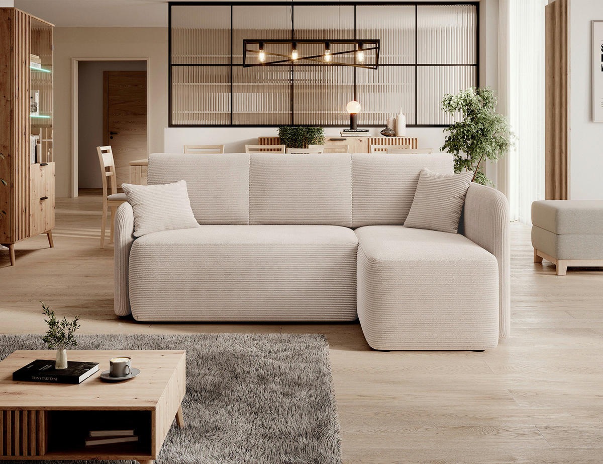 ECKSOFA HADSON Beige Cord Zierkissen, Rückenkissen, Bettkasten  - Beige/Schwarz, Design, Kunststoff/Textil (206/150cm) - MID.YOU