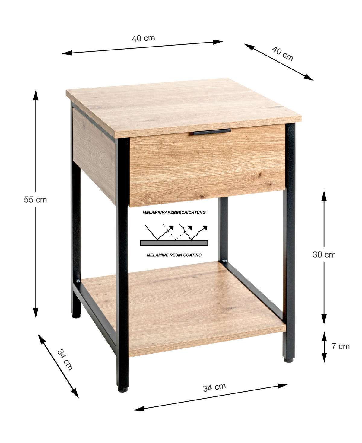 BEISTELLTISCH 40/40/55 cm Schwarz, Eichefarben quadratisch  - Eichefarben/Schwarz, Design, Holzwerkstoff/Metall (40/40/55cm)