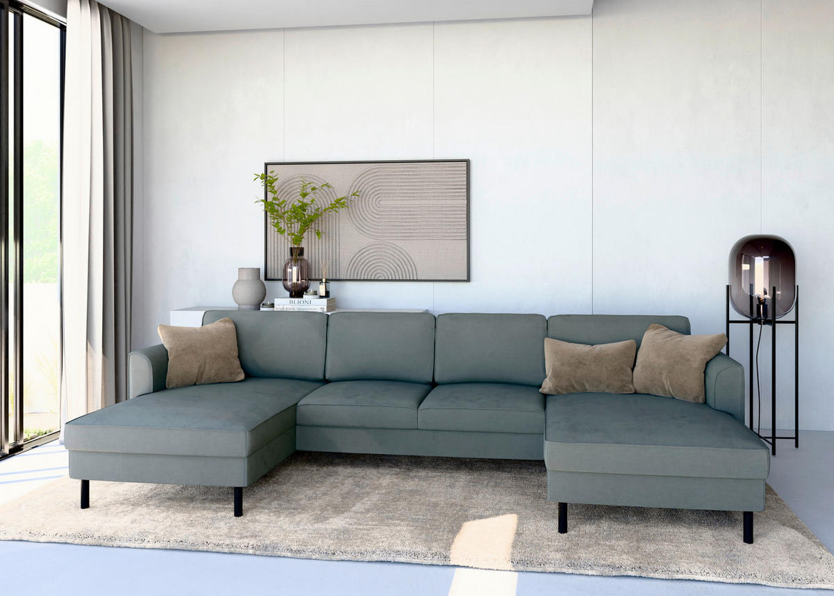 WOHNLANDSCHAFT Anthrazit Struktur  - Anthrazit/Schwarz, MODERN, Textil/Metall (161/306/161cm) - Trendmanufaktur