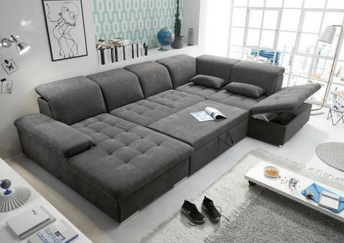 WOHNLANDSCHAFT Dunkelgrau Mikrovelours  - Dunkelgrau/Silberfarben, KONVENTIONELL, Kunststoff/Textil (188/340/240cm) - MID.YOU