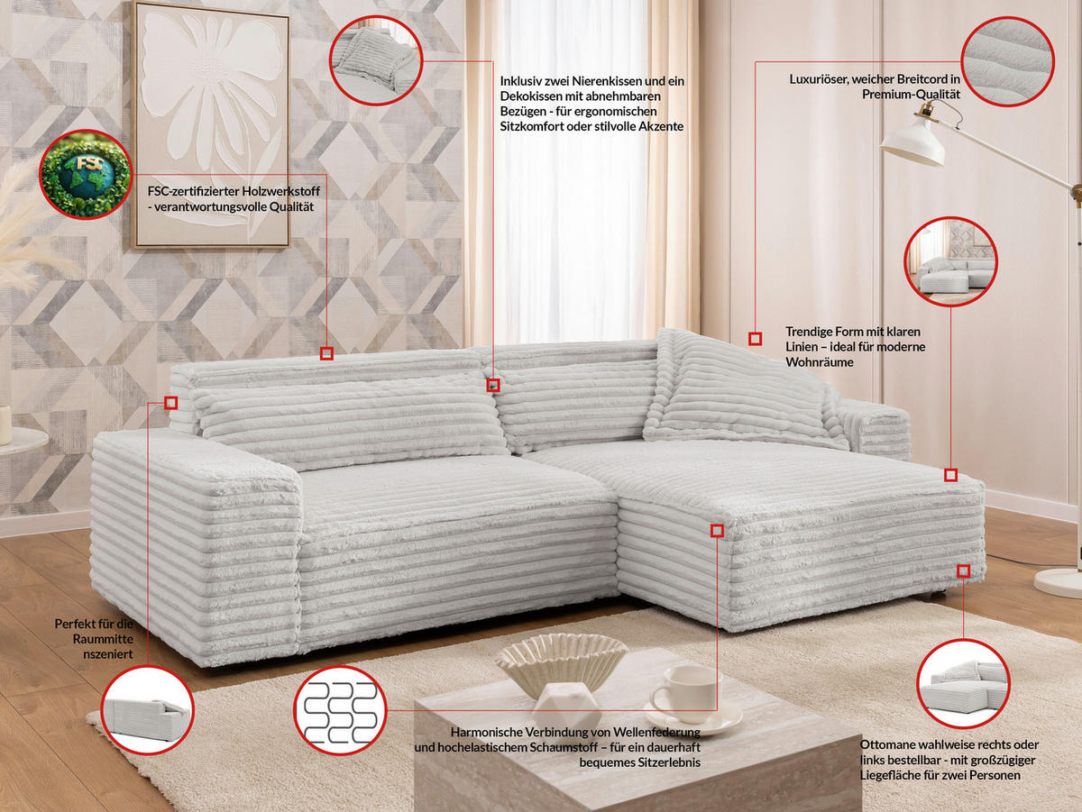ECKSOFA Cord Hellgrau  - Hellgrau/Schwarz, Design, Kunststoff/Textil (251/142cm) - P & B