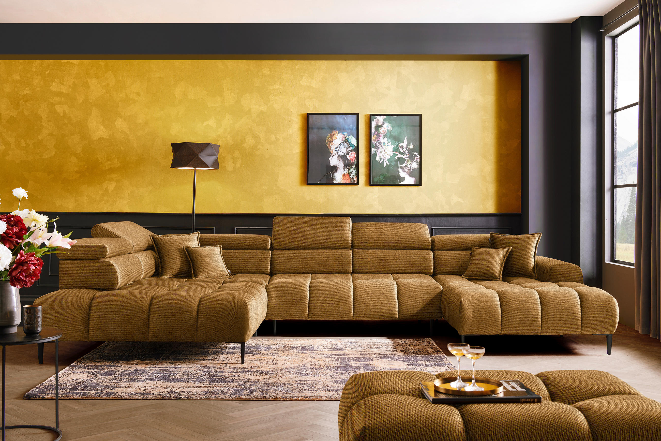 WOHNLANDSCHAFT Currygelb Webstoff  - Currygelb/Schwarz, Design, Textil/Metall (216/385/177cm) - Welnova