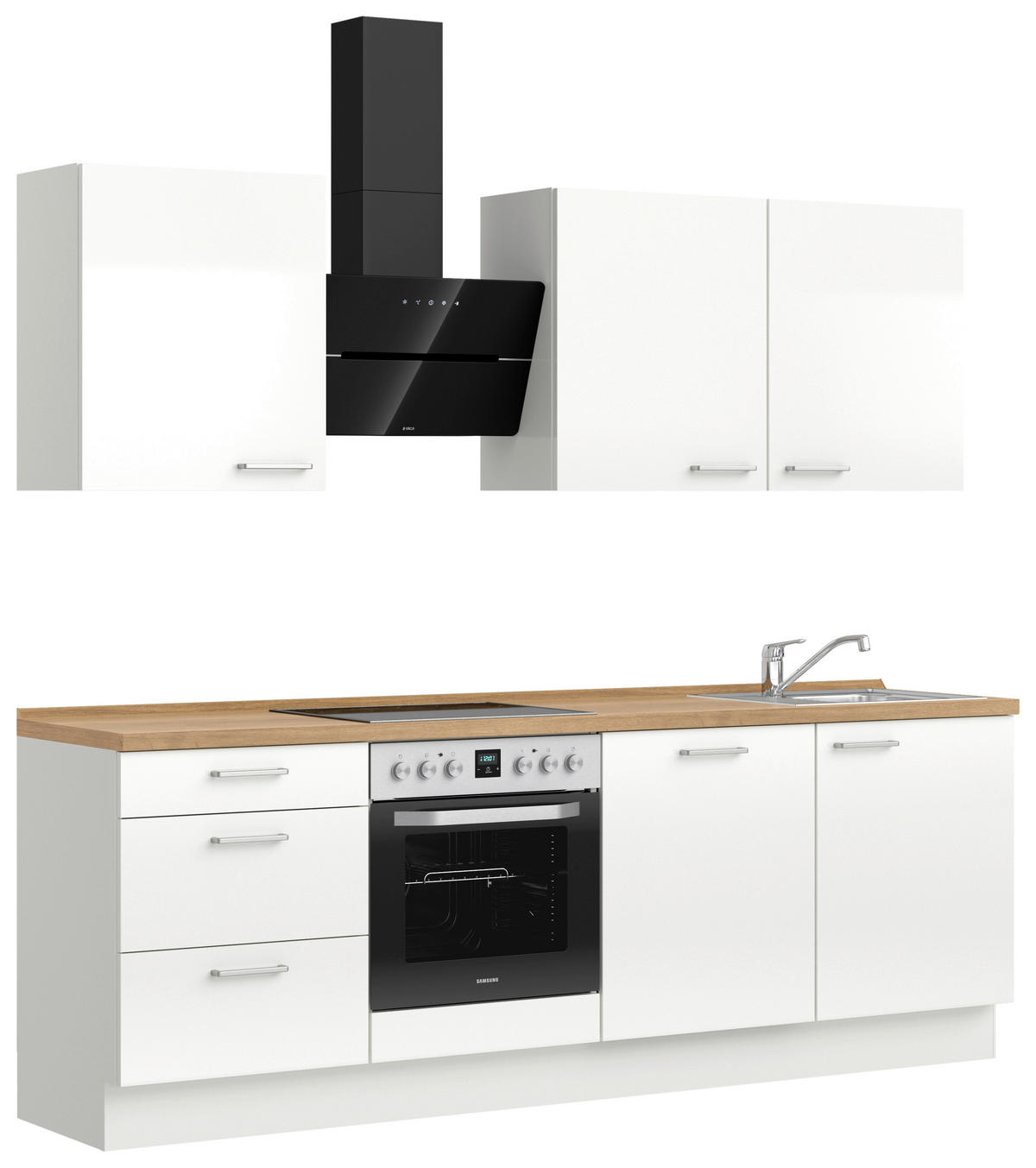 KÜCHENBLOCK Flash 240 cm  in Eichefarben, Weiß Hochglanz  - Edelstahlfarben/Eichefarben, MODERN, Holzwerkstoff/Metall (240cm) - Nobilia