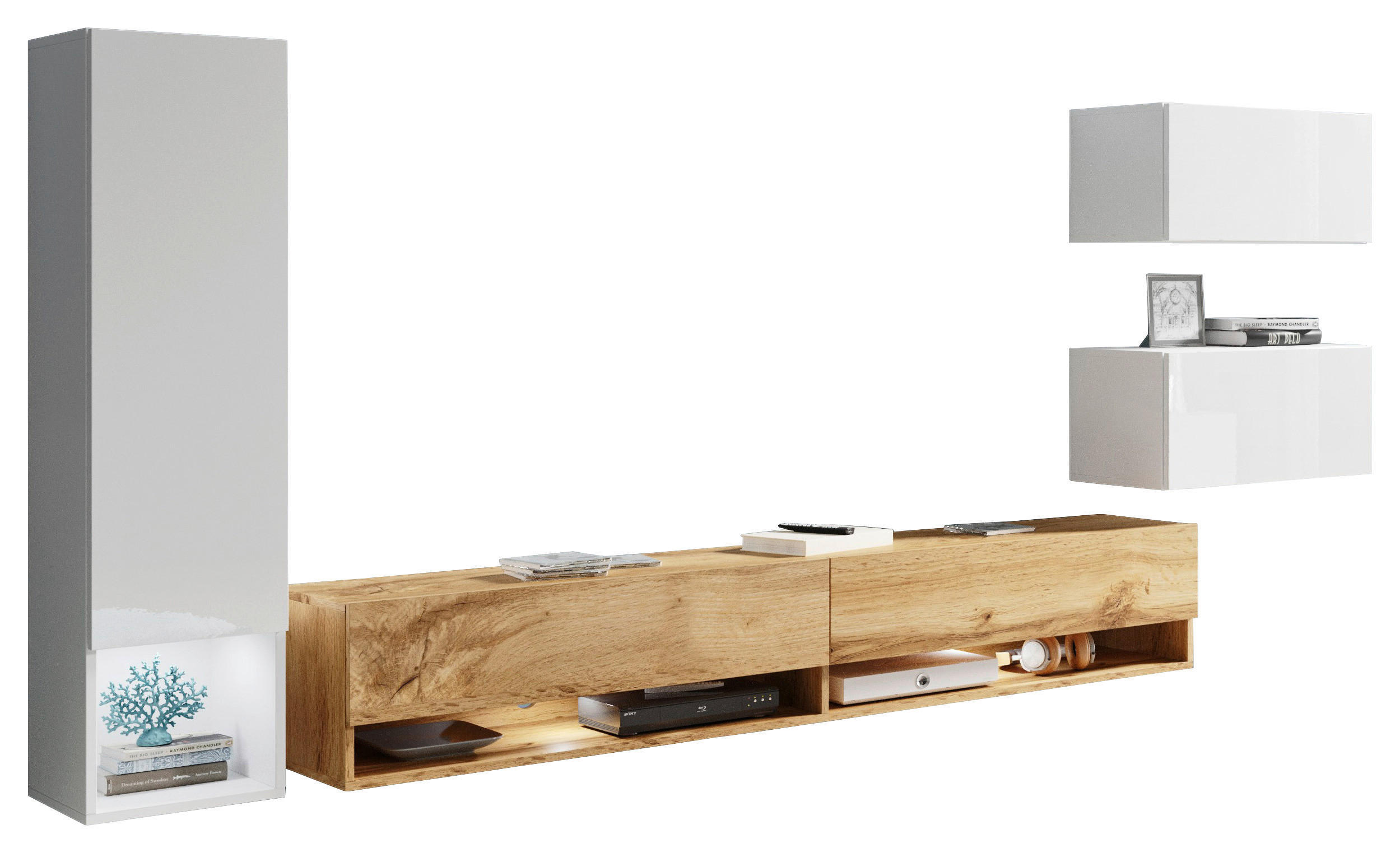 Set Mobilă Living, 4 piese, stejar Wotan, alb lucios intens, 270/130/32,5 cm