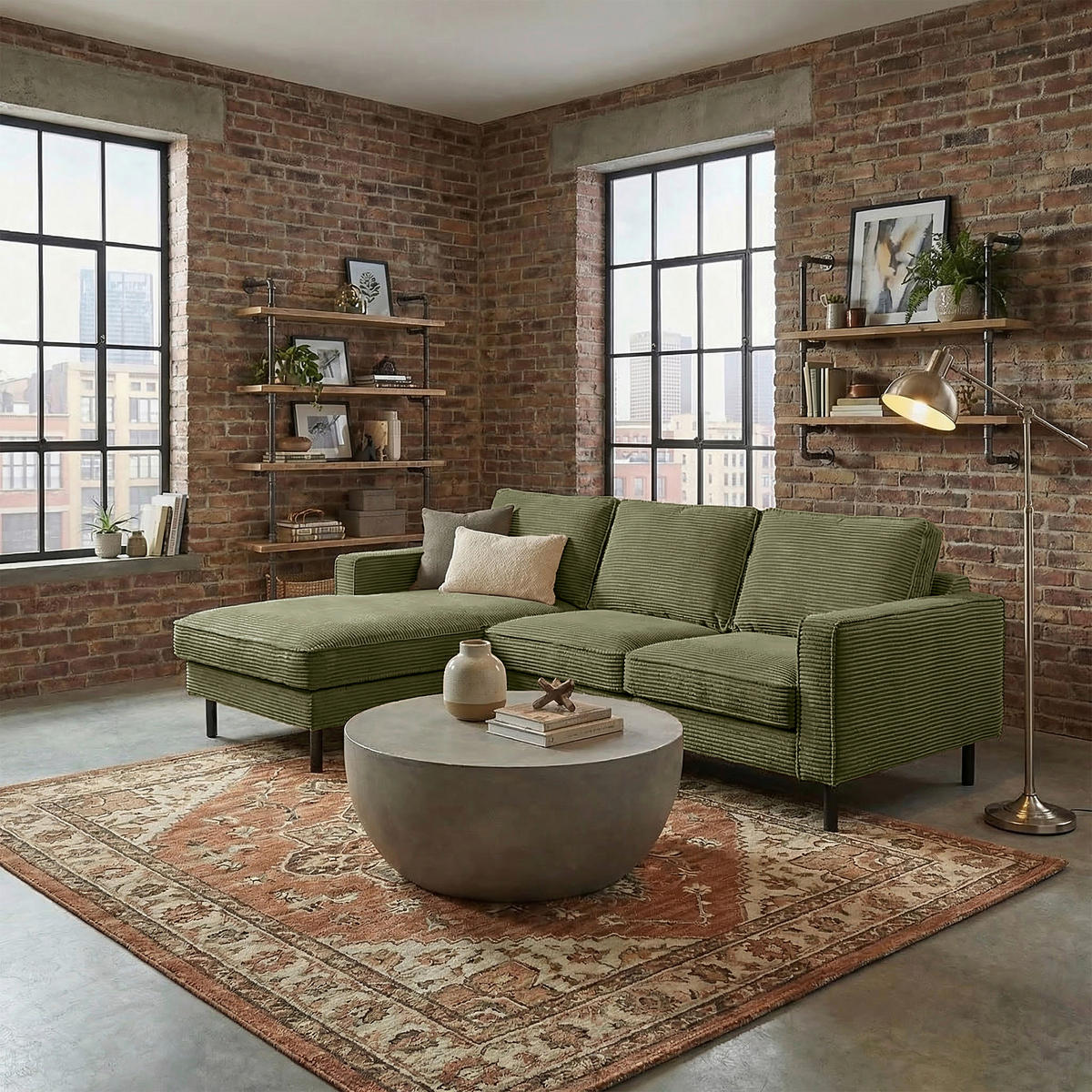 ECKSOFA Cord Olivgrün  - Schwarz/Olivgrün, Design, Textil/Metall (166/238cm) - Livetastic