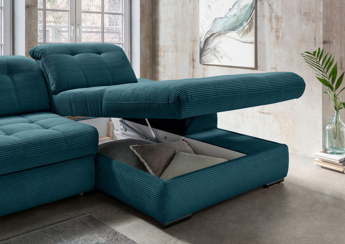 ECKSOFA in Cord Petrol  - Petrol/Schwarz, Modern, Textil/Metall (314/184cm) - Livetastic