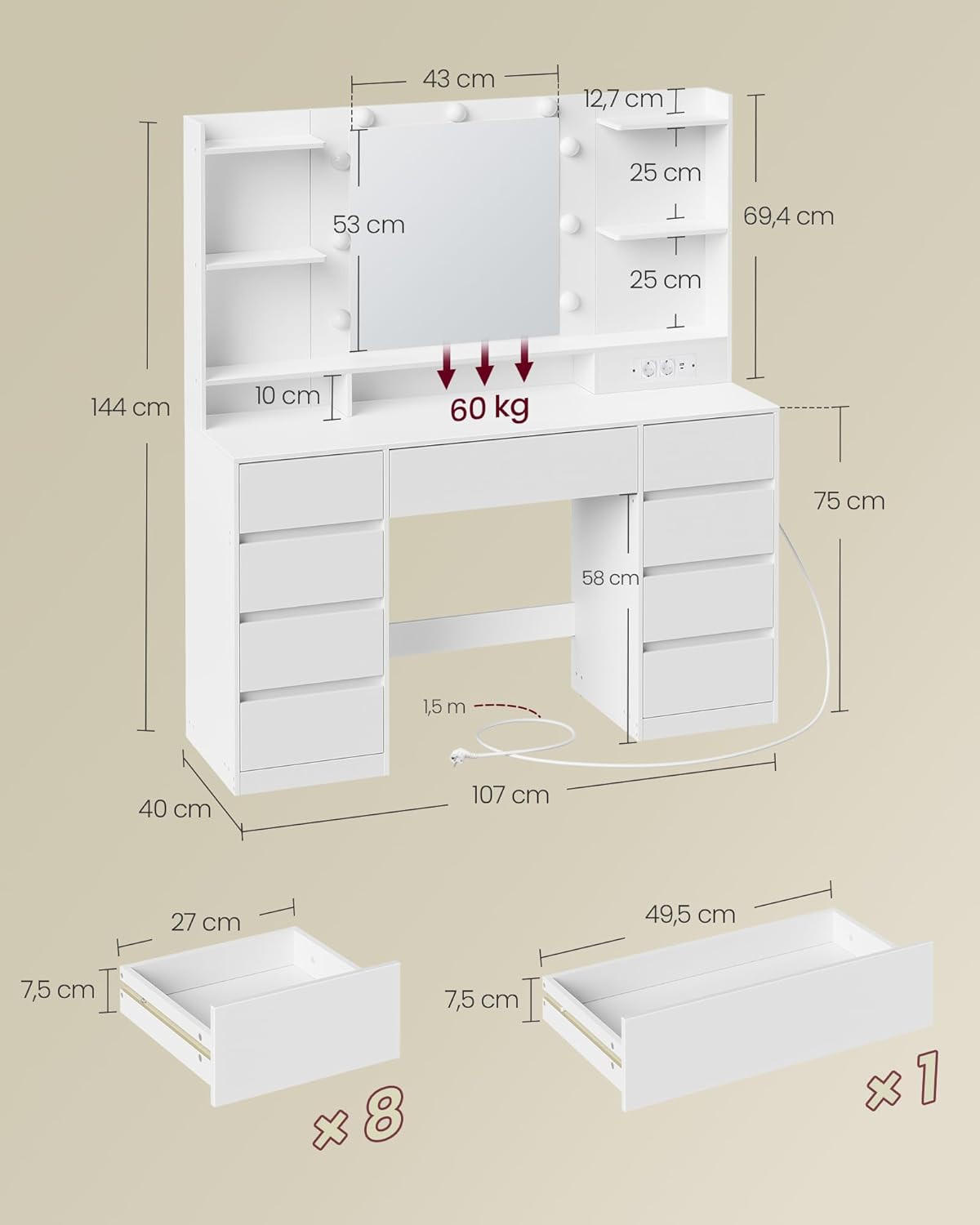 SCHMINKTISCH 107/40/144 cm, Weiß  - Weiß, KONVENTIONELL, Glas/Holzwerkstoff (107/40/144cm) - Boxxx