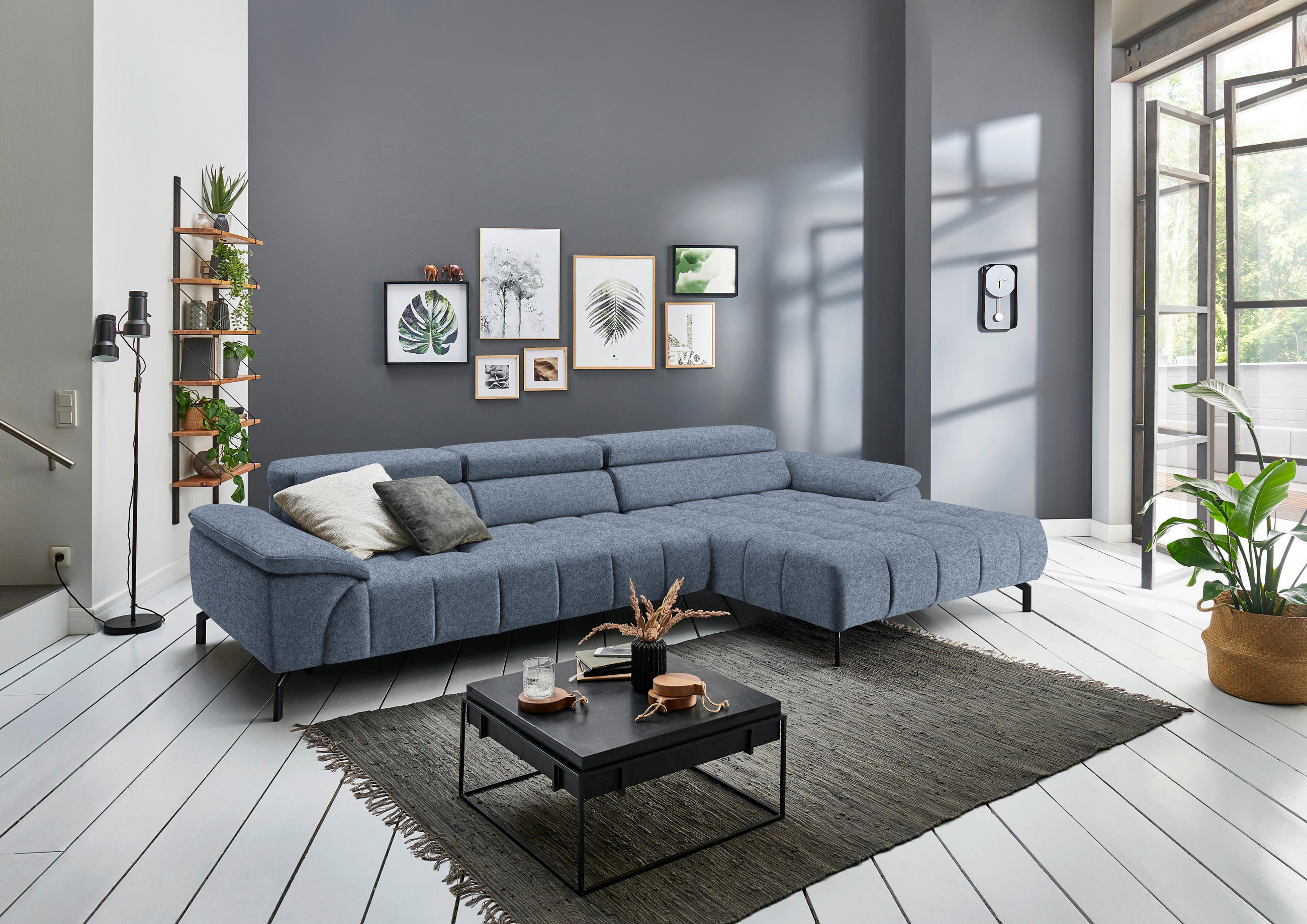 ECKSOFA in Webstoff Hellblau  - Schwarz/Hellblau, Design, Textil/Metall (329/190cm) - Beldomo Style