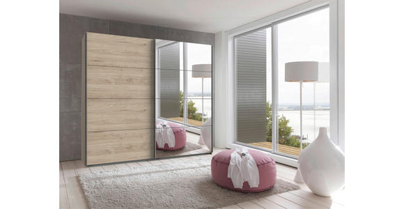 SCHWEBETÜRENSCHRANK in Eichefarben, Hickory - Eichefarben/Alufarben, Design, Glas/Holzwerkstoff (225/210/65cm) - Carryhome