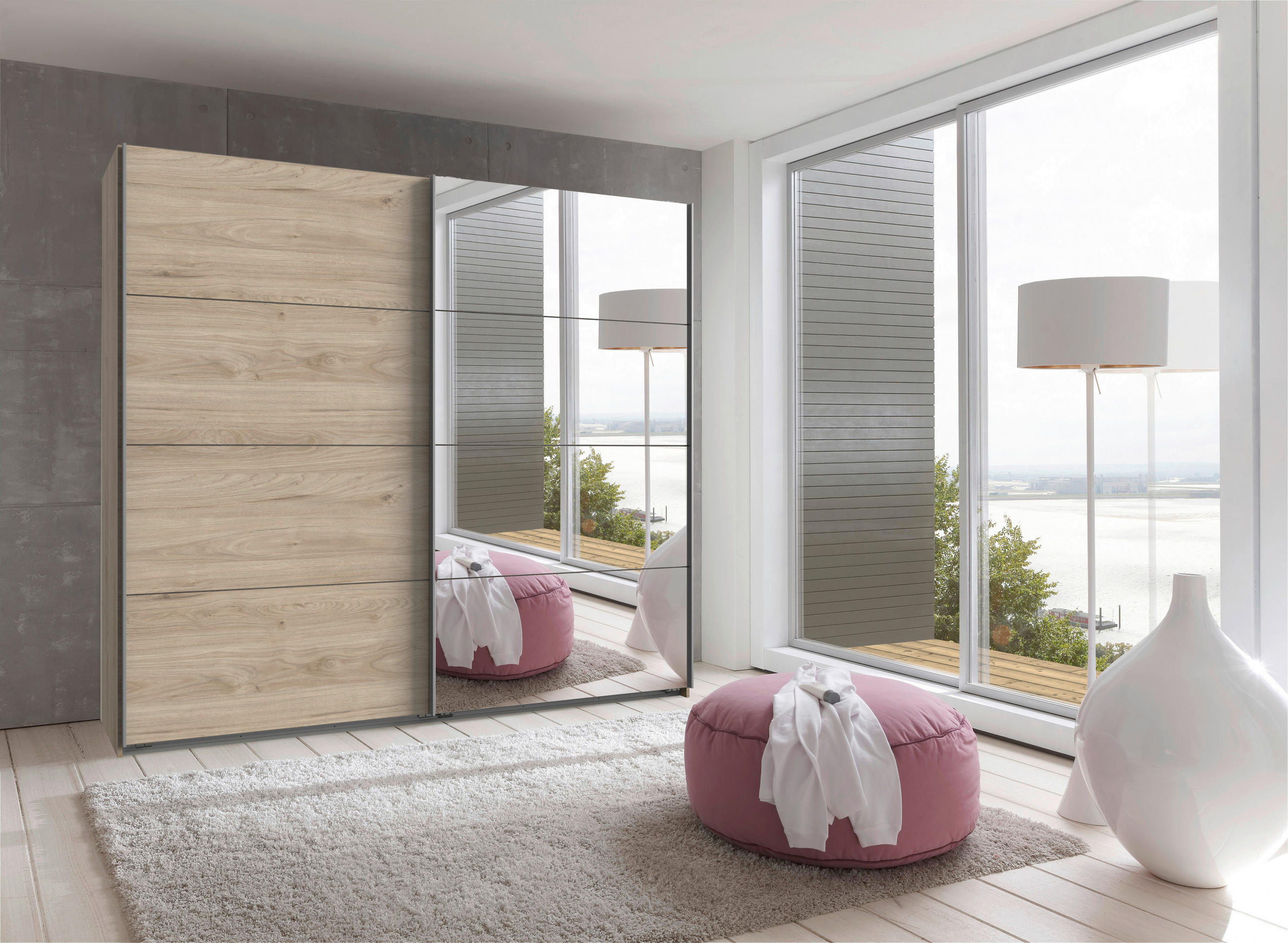SCHWEBETÜRENSCHRANK 225/210/65 cm 2-türig Eichefarben, Hickory  - Eichefarben/Alufarben, Design, Glas/Holzwerkstoff (225/210/65cm) - Carryhome