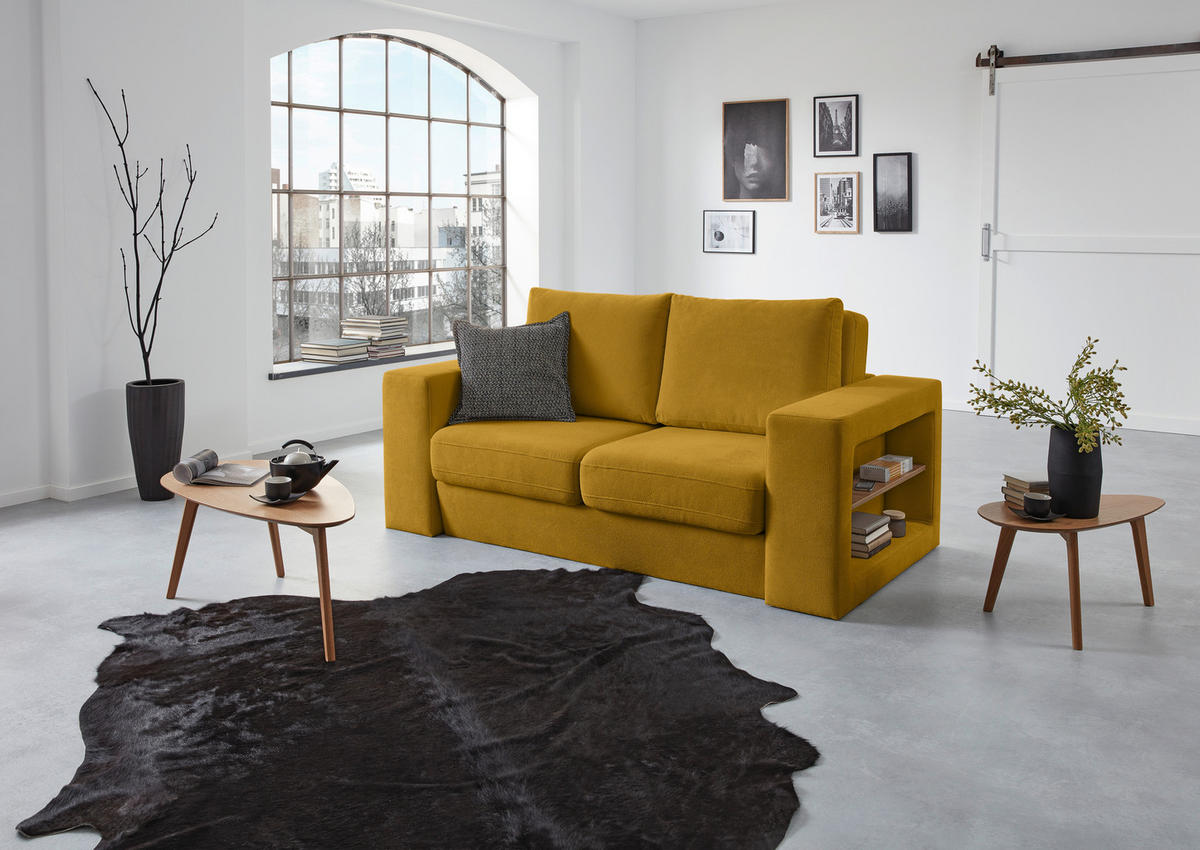 ZWEISITZER-SOFA inkl. Hocker in Webstoff Gelb  - Eichefarben/Gelb, Design, Holz/Textil (172/96/107cm) - LOOKS by W.Joop