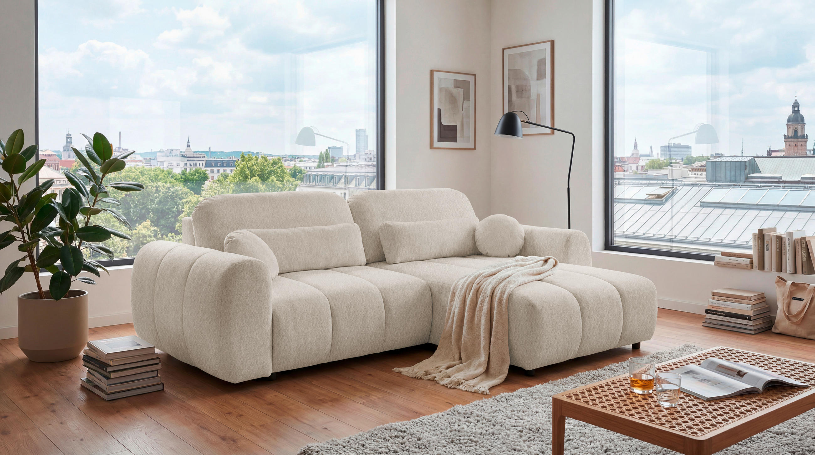 ECKSOFA Webstoff Perlmutt  - Perlmutt/Schwarz, Design, Kunststoff/Textil (260/192cm) - MID.YOU