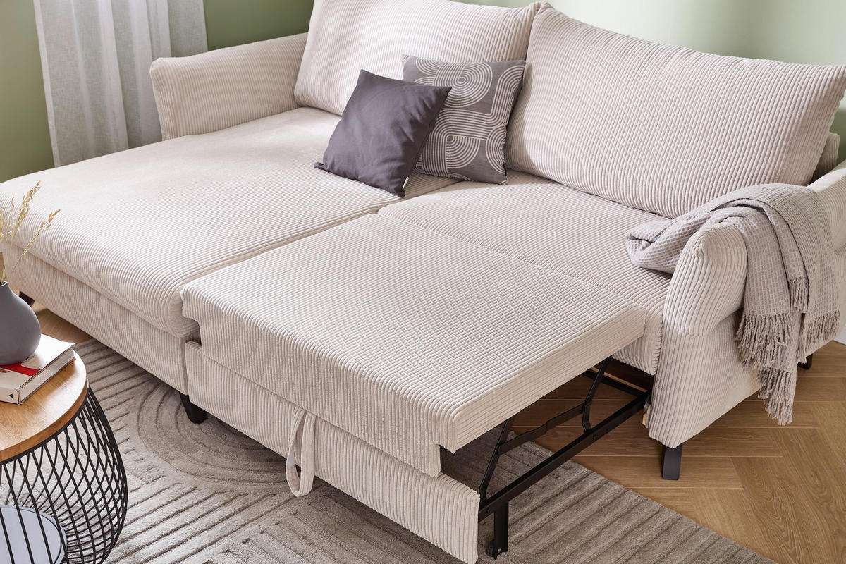 ECKSOFA Beige Cord  - Beige/Schwarz, ROMANTIK / LANDHAUS, Holz/Textil (245/159cm) - Stylife