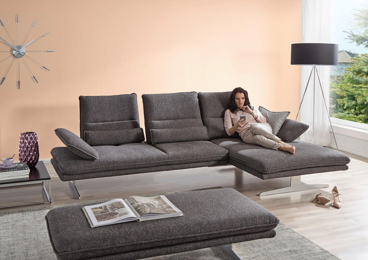 ECKSOFA Webstoff Anthrazit  - Chromfarben/Anthrazit, Design, Textil/Metall (291/164cm) - Chilliano