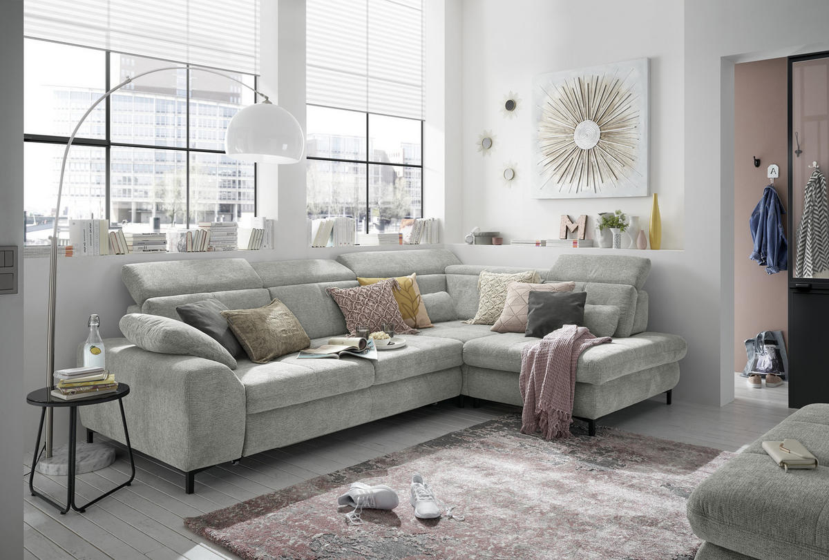 ECKSOFA Hellgrau Webstoff  - Hellgrau/Schwarz, KONVENTIONELL, Textil/Metall (314/220cm) - SetOne by Musterring