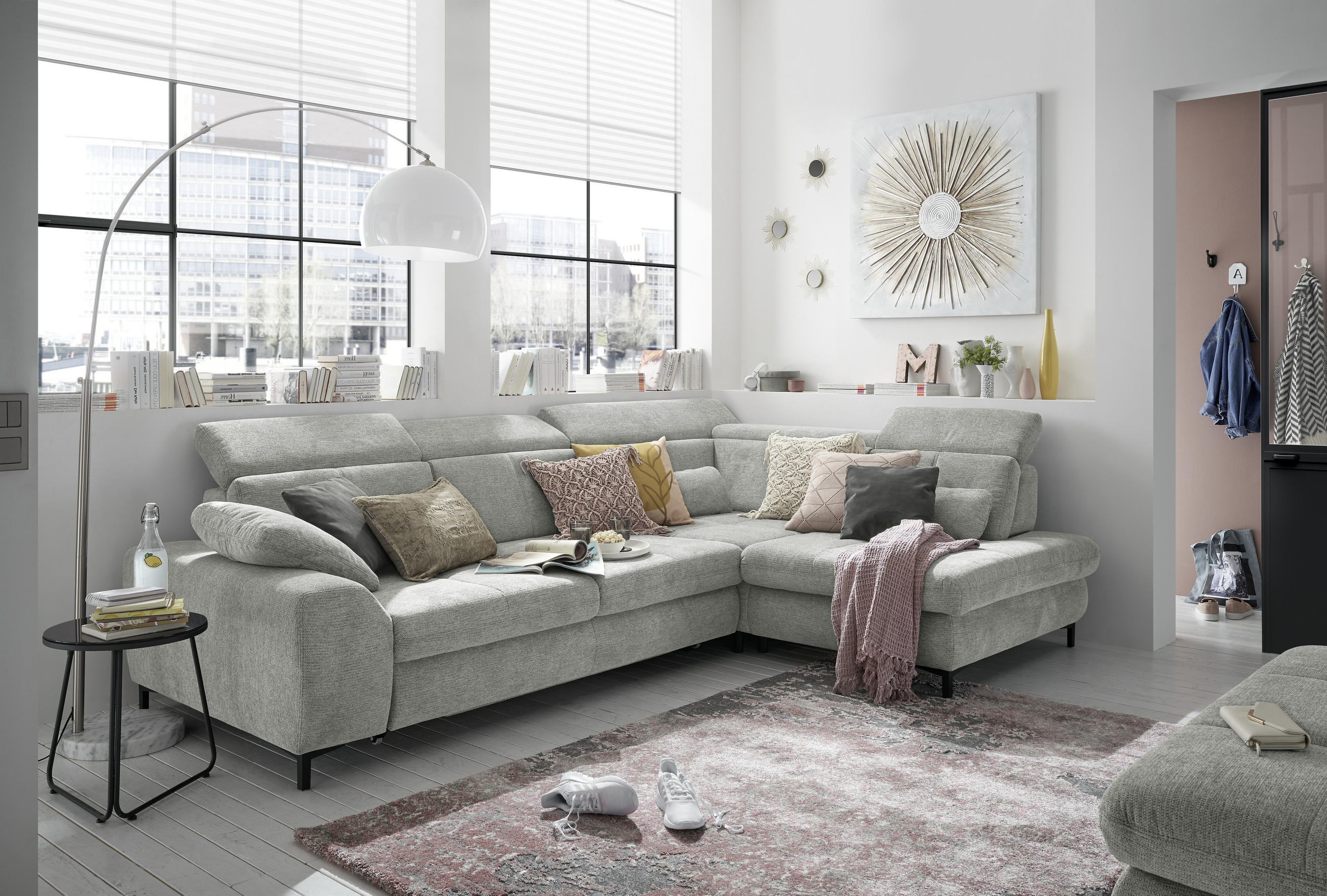 Thumbnail - SetOne by Musterring Ecksofa, Hellgrau, Textil, 3-Sitzer, Ottomane rechts, L-Form, 314x220 cm, Bettkasten erhältlich, Fu...